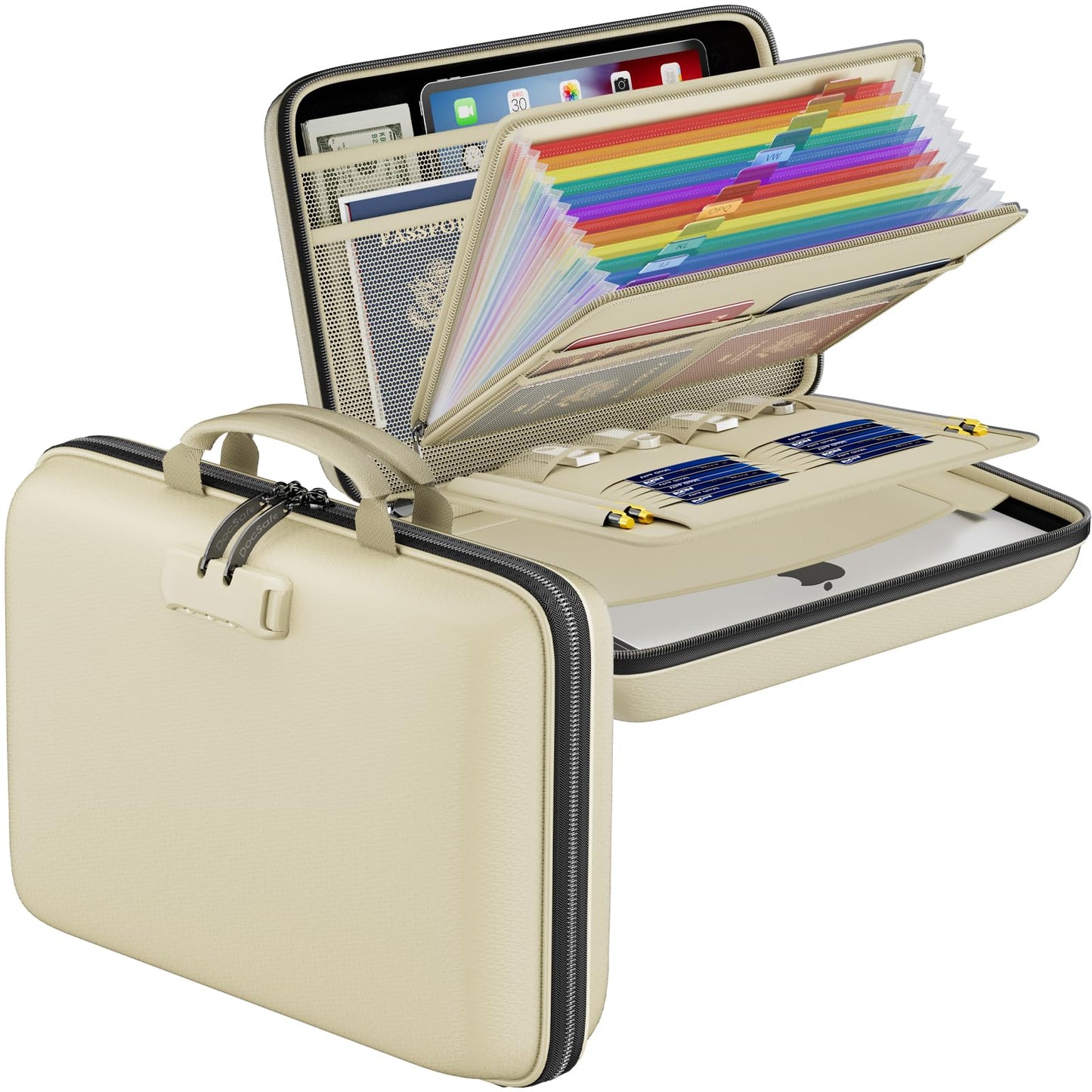 DocSafe Fireproof File Organizer with Lock, Hard-Shell Case Fireproof Document Box with 13 Pocket Accordion File Folder, Portable Home Office Travel Safe Storage for Important Documents Laptop Beige