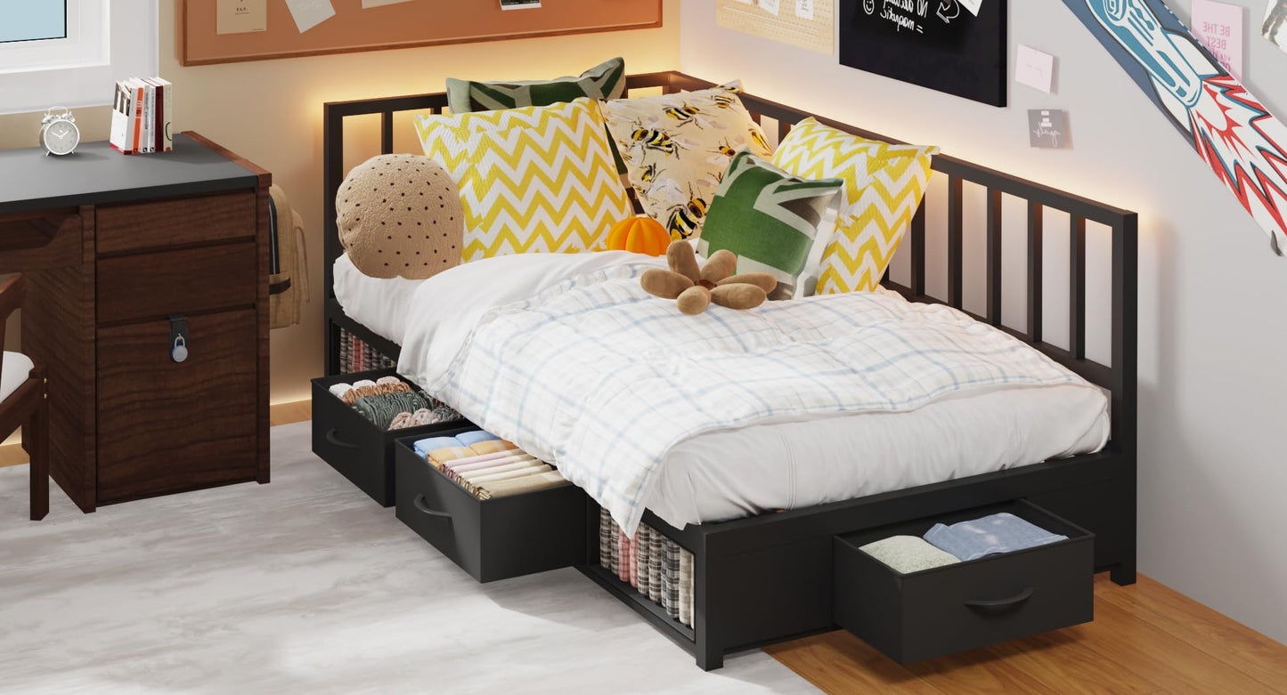 Modern Corner Storage Bed Frame (Twin, Black) - Convertible Sofa Bed with Pull-Out Cabinet, Bookshelf, Headboard Storage & Drawers, Built-in RGB Mood Lights for Small Spaces (No Box Spring Needed)