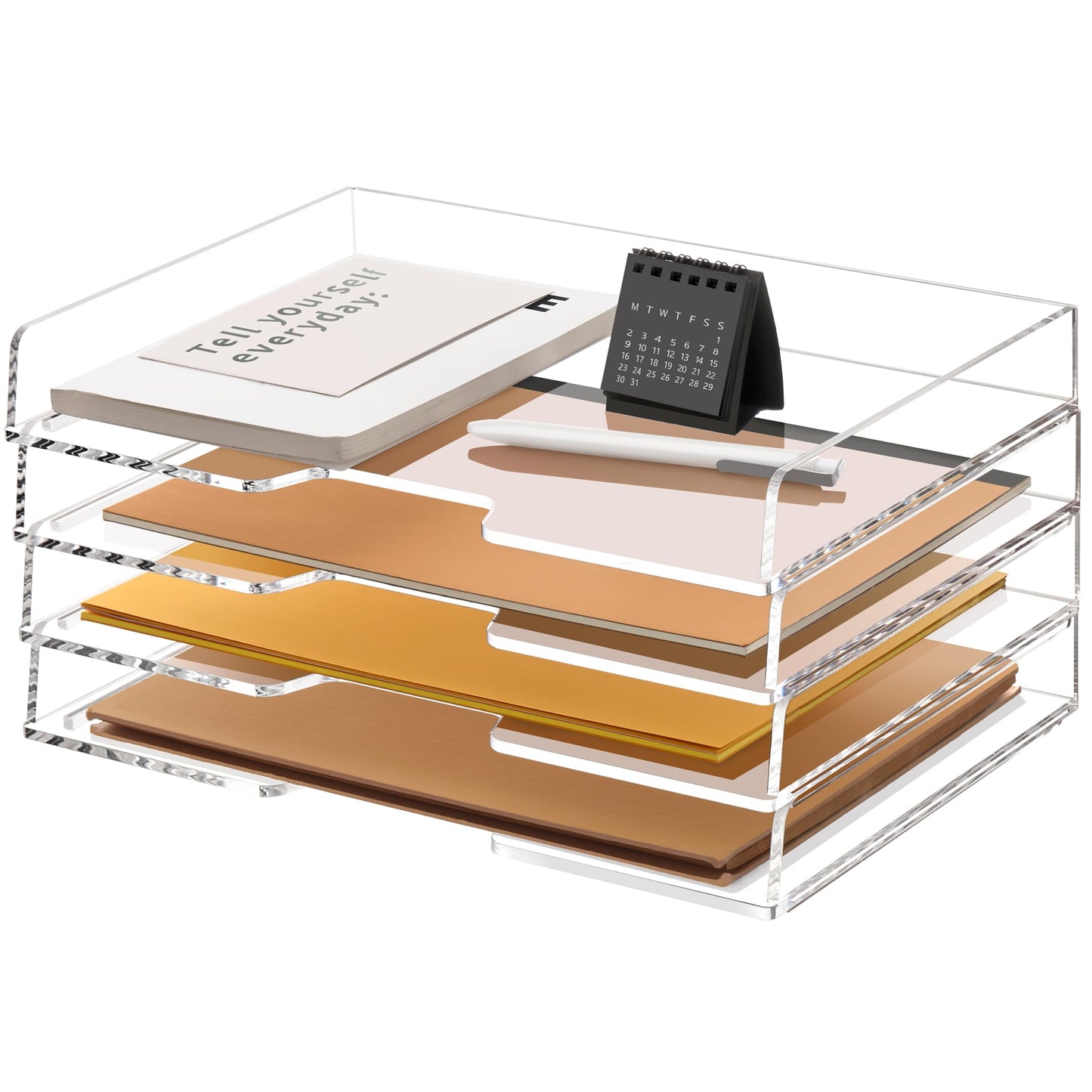 SANRUI Clear Acrylic Paper Tray, 4 Tier Stackable Letter Trays Desk Organizer with Curved Design, Oversized Document File Holder for Home Office Classroom Desktop Storage