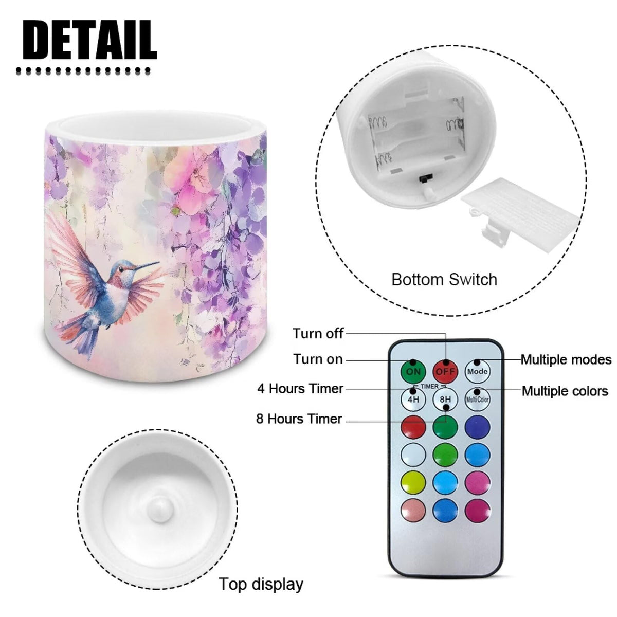 Merkmak Battery Operated Flameless Candles with Remote and Timer Flameless LED Pillar Candles Floral Hummingbird Tealights for Banquet, Home Decorations