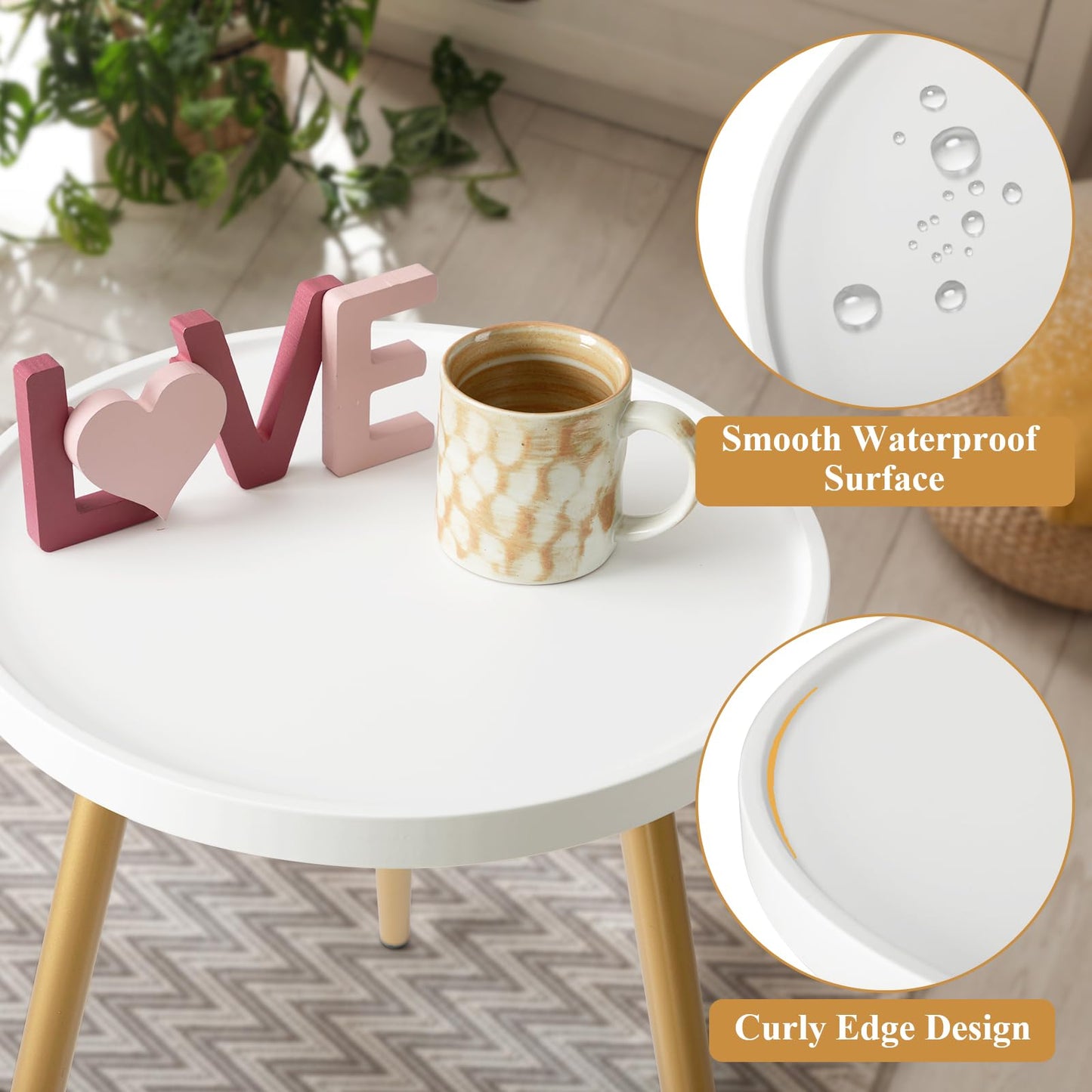 danpinera Small Round Side Table, Mini White Table with Wooden Tray & Metal Legged, Gold Side Table for Small Space, Living Room, Bedroom, Nursery, 14.96" D x 14.96" W x 17.52" H, White & Gold