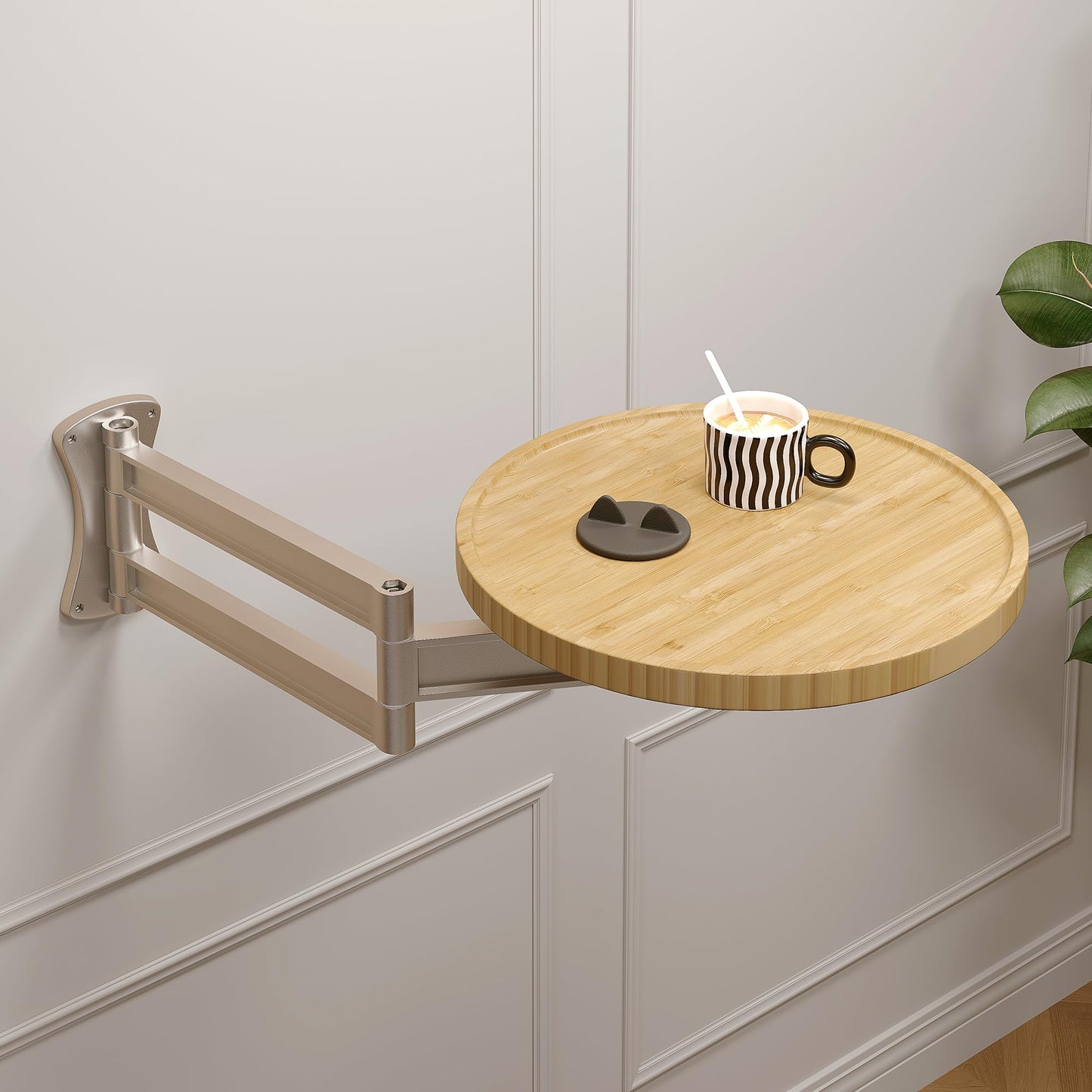 Semjar Wall Mounted Folding Table,Retractable Small Bamboo Drop Down Floating Wall Desk,11.8" Round Wood Tabletop with Aluminum Alloy Brackets,Bedside Wall Shelf Drop Top Desk,Fold Down Nightstand
