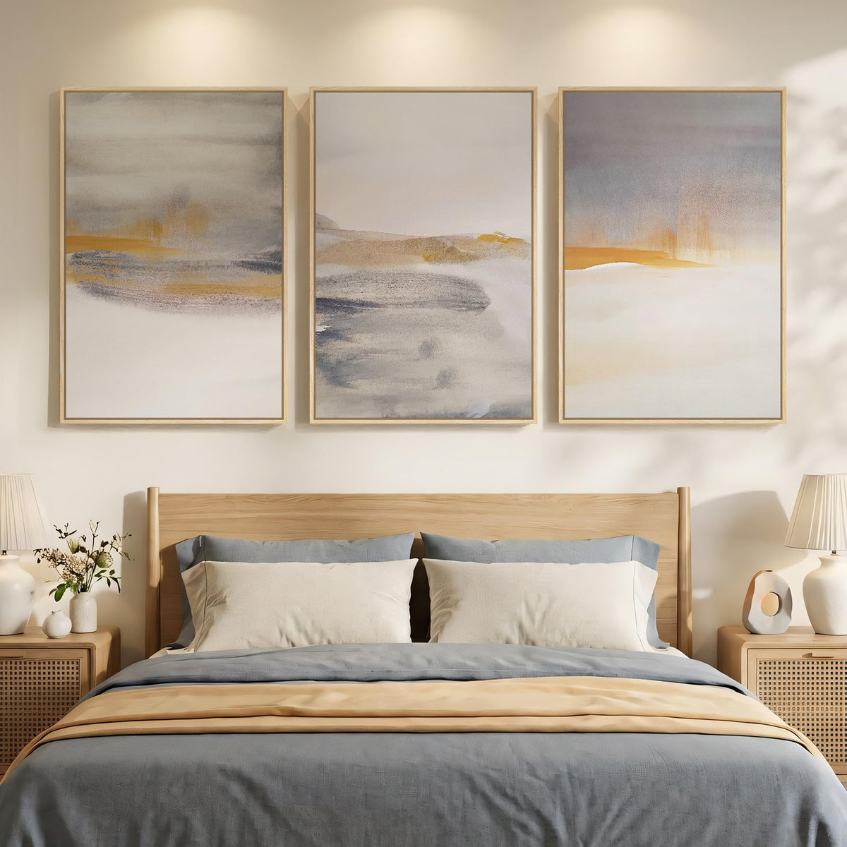Framed Large Neutral Abstract Wall Art, Set of 3 Canvas Modern Prints Paintings, Minimalist Landscape Beige Gray Picture Artwork Decor for Living Room Bedroom Office 24x36 Inch