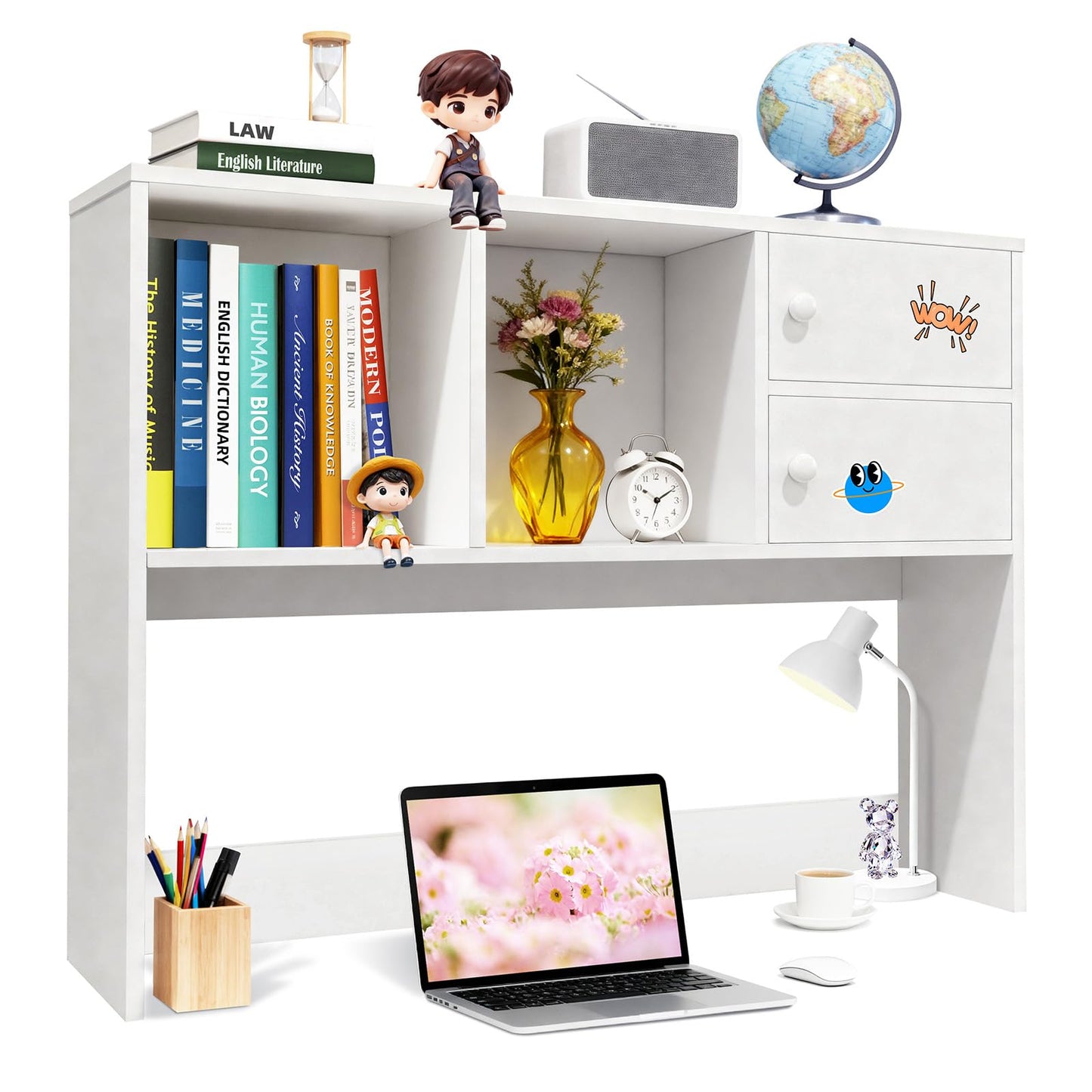 YGYQZ White Desk Hutch with 4 Storage Shelves, Desktop Bookshelf & Monitor Stand for Home Office, Space Saving Desk Organizer for Study Room, Dorm & Gaming Desk