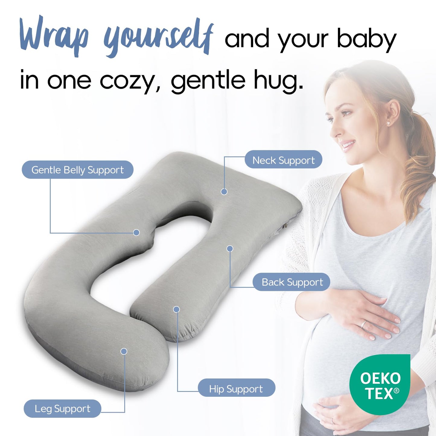 EZMOM Pregnancy Pillow for Sleeping, Soft 57“ Full Body Maternity Pillow, U Shaped with Removable Washable Cover, Support for Back, Belly, Leg, Hip, Neck & Shoulder (Cooling Grey)