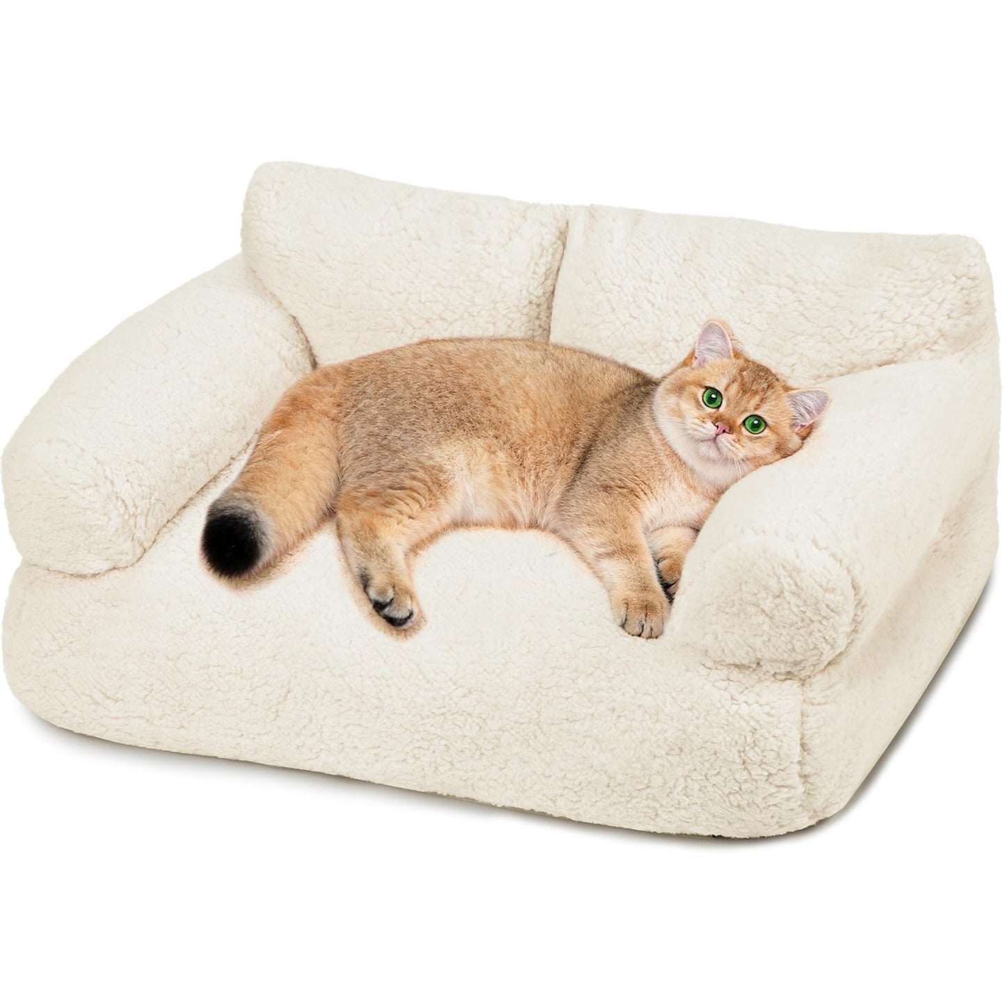 FURMORENE Large Cat Beds for Indoor Cats, Dog Couch Bed, Cute Cat Couch Sofas for Less 20lbs Kitten Puppy, Small Dog Sofas & Chairs with Removable Washable Cover, Soft Warm Pet Furniture, Cream