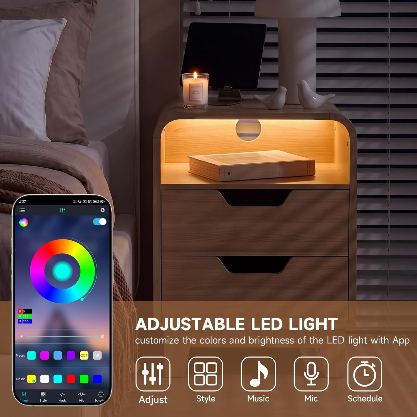 Nightstand with Charging Station, Modern Night Stand with LED Light, 15.7" Wide Wood Bed Side Table Bedroom, Small Bedside Table, Curved End Table with 2 Drawers| Natural Wood, 1 Pack