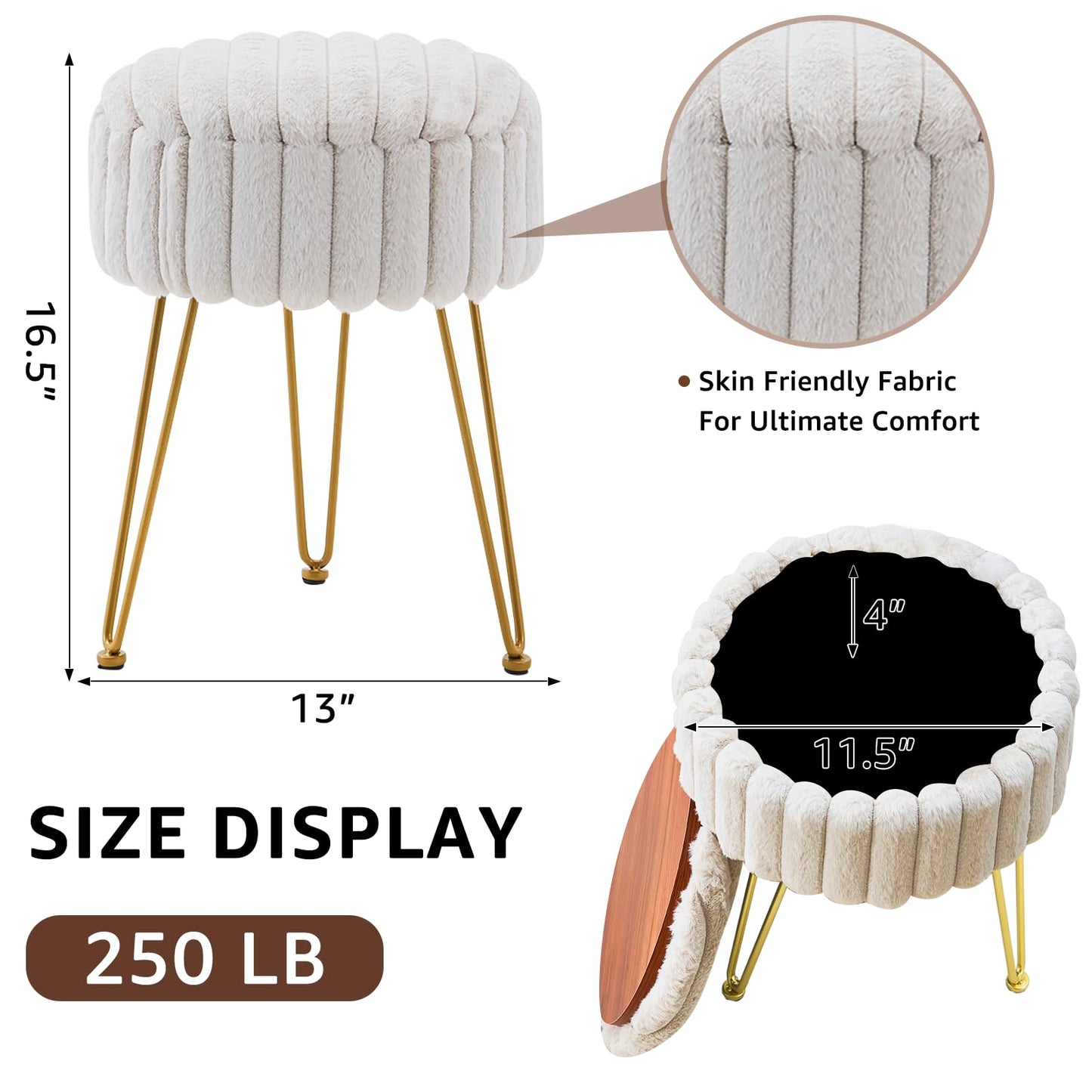 Wimarsbon Vanity Stool with Storage, Faux Fur Ottoman Chair with Metal Legs, Round Makeup Vanity Chair for Bedroom or Dressing Table, Modern Small Ottoman Seat (Light Grey)
