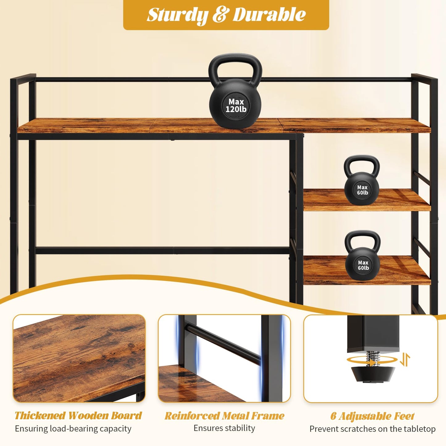 HavenlyYouth Desk Shelf, 45.4 Inch Wood Desk Organizer Shelf for Computer Monitor, Desk Hutch Storage, Desktop Shelf for Top of Desk, 3 Tier Desktop Bookshelf for Home Office Dorm, Rustic