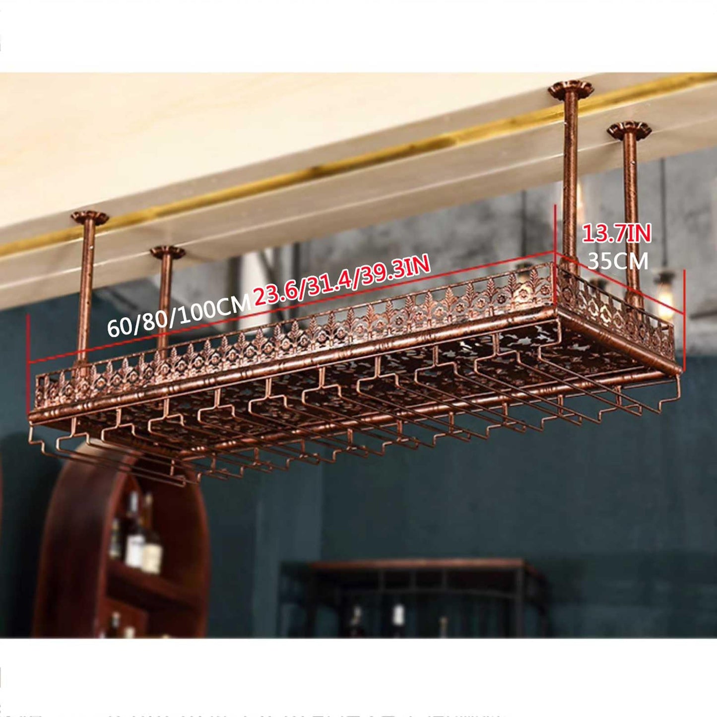 LWJQRSP European Hanging Wine and Coffee Glass Rack Adjustable Height Ceiling Bottle Holder Elegant Carved Design for Bars Restaurants and Cafés - Space-Saving Storage Solution