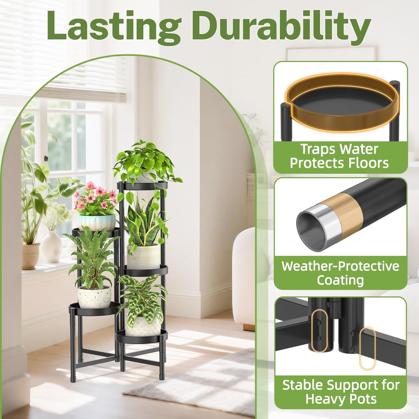 iDavosic.ly Plant Stand Indoor Outdoor, 5 Tier Corner Metal Flower Display Holder Shelf, Folding Tall Orchid Rack for Patio Balcony Porch Garden Living Room House, Black