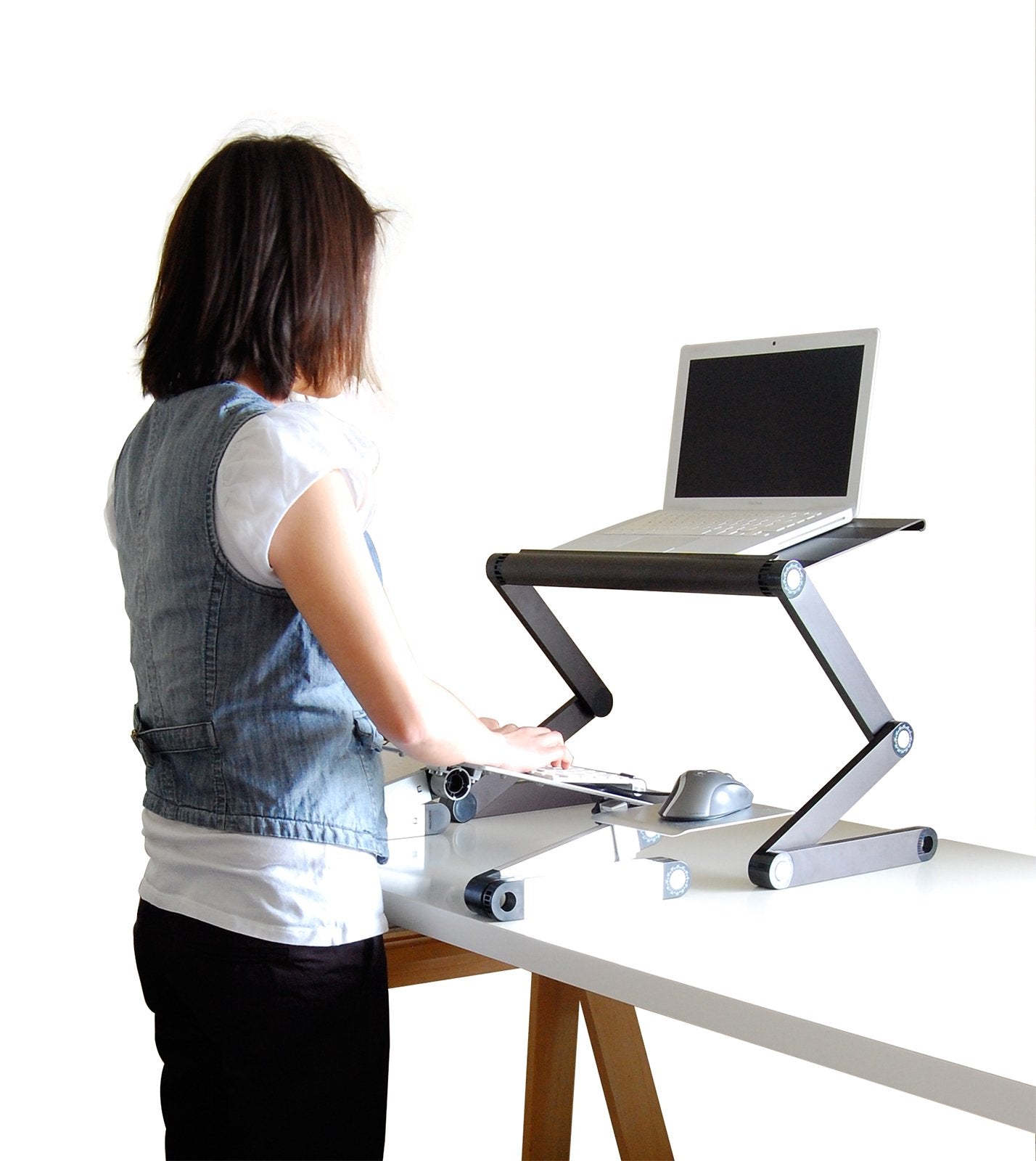 WorkEZ Adjustable Standing Desk Converter w/2 Fans & 3 USB Ports, Sit to Stand Desk Riser Monitor Standing Computer Desk, Height & Angle Negative Tilt