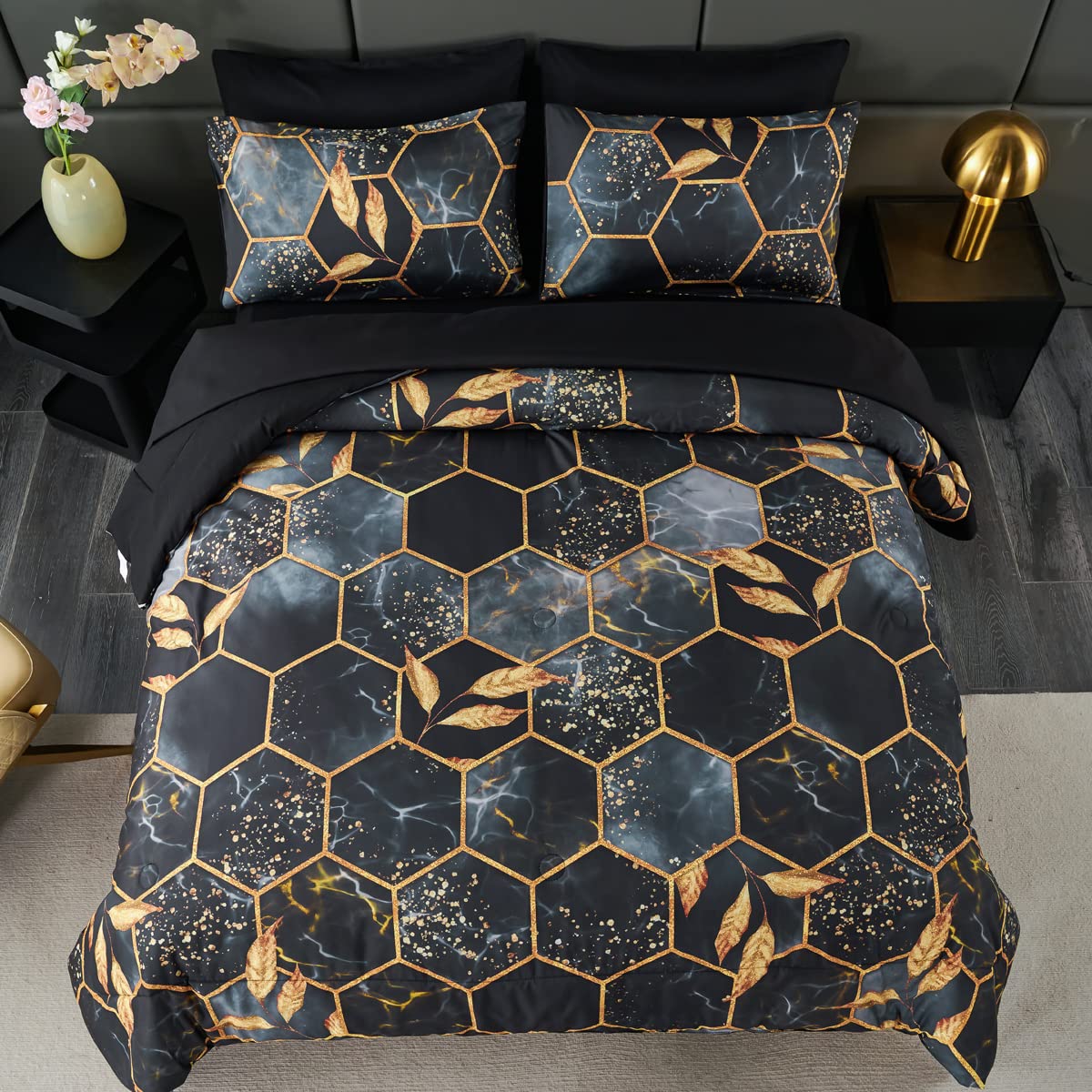 ZRNBAST Hexagon Black and Gold Comforter Set Queen Size - 7 Pieces Geometric Bedding with Sheets, Gold Trim Honeycomb Print Bed in A Bag(Black, Queen)