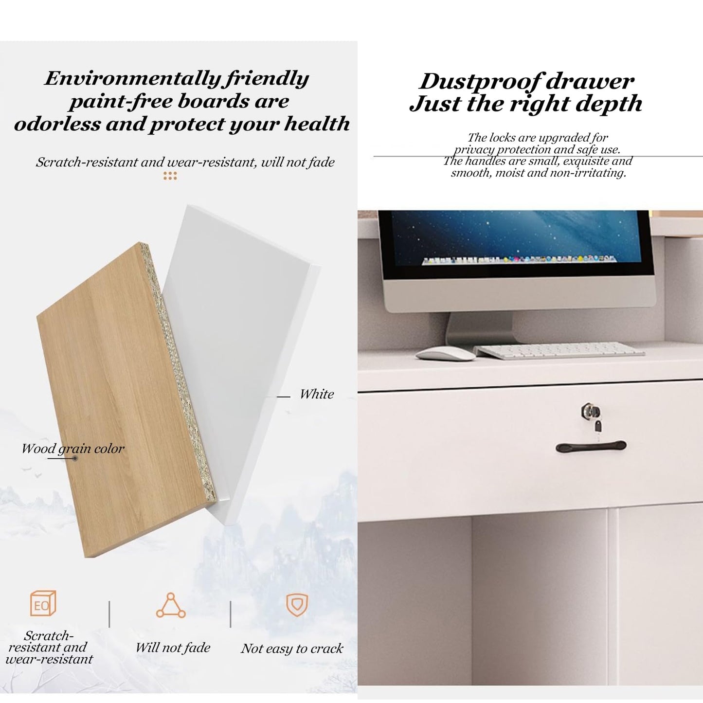 Reception Desk Counter Table - L-Shaped Cashier Front Desk, Wooden Design with Open Shelves & Drawers, Modern Retail Counter for Supermarkets, Convenience Stores & Hotels