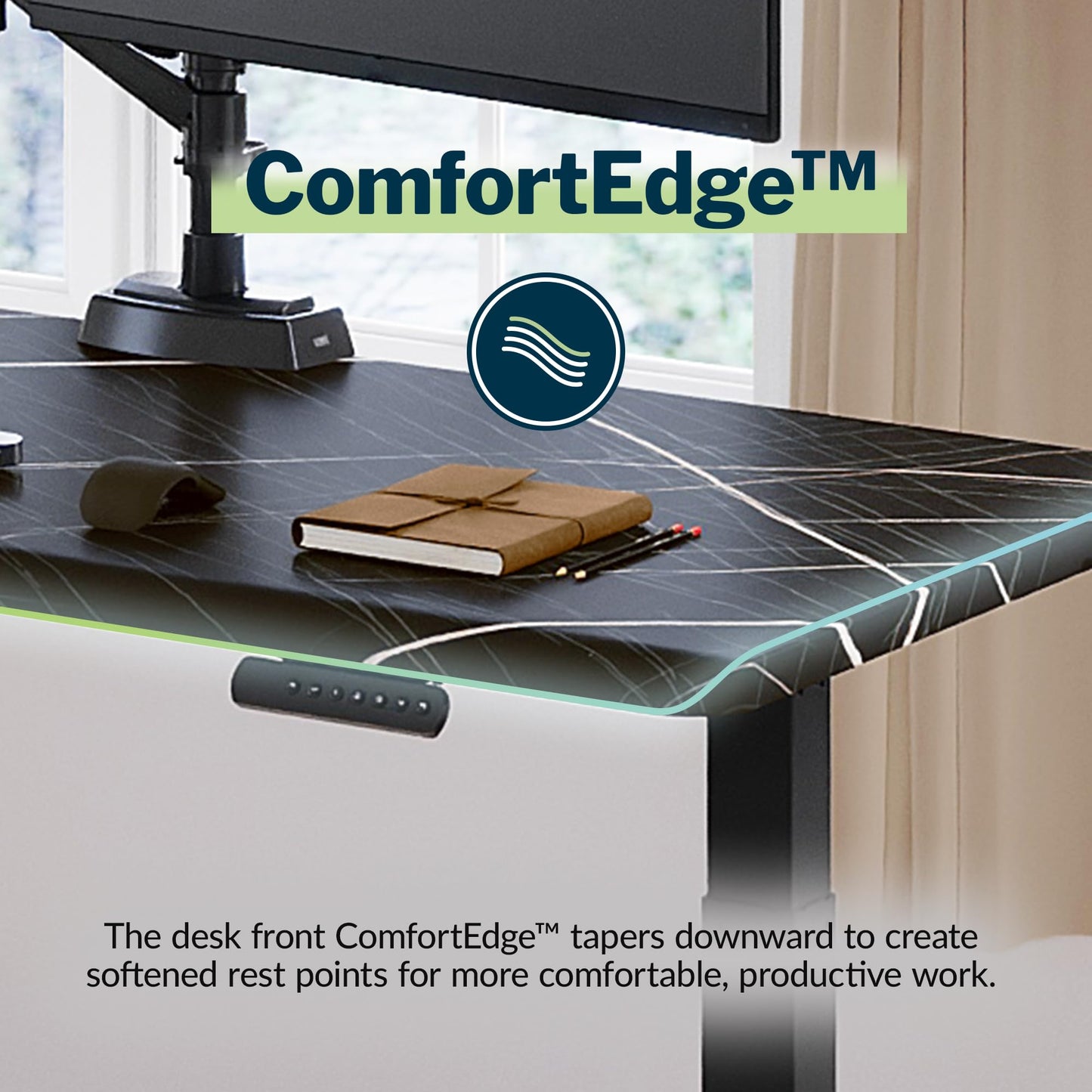 Vari ComfortEdge 60x30 Inch Adjustable Electric Standing Desk – Limited Edition Sit Stand VariDesk with Memory Presets & Sloped Front Edge + Tool-Free Assembly (Black Marble/Black Legs)