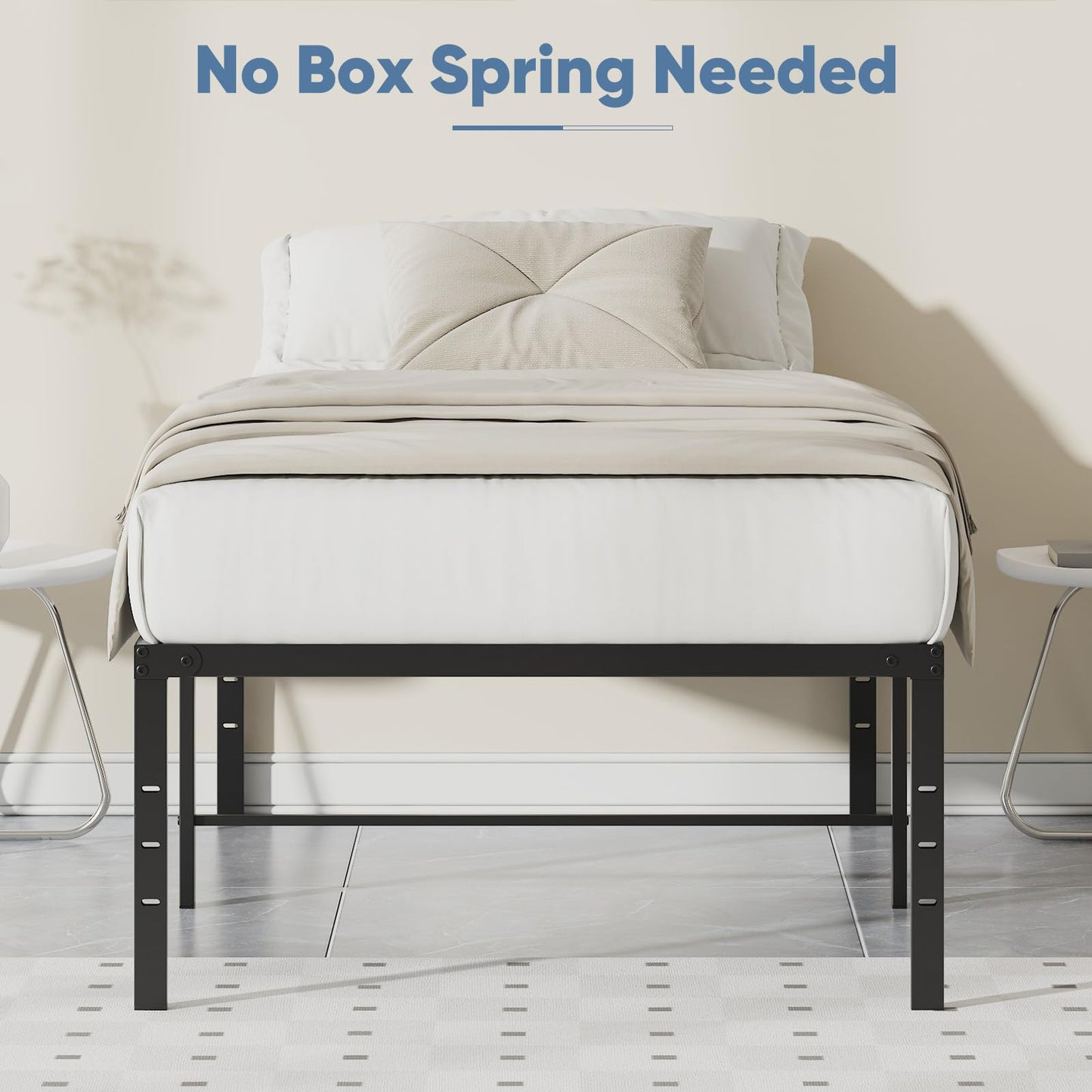 DUMOS Twin XL Size 16 Inch Bed Frame - Metal Platform Bed Frame Mattress Foundation with Steel Slat Support, No Box Spring Needed, Storage Space Under Base, Easy Assembly, Black