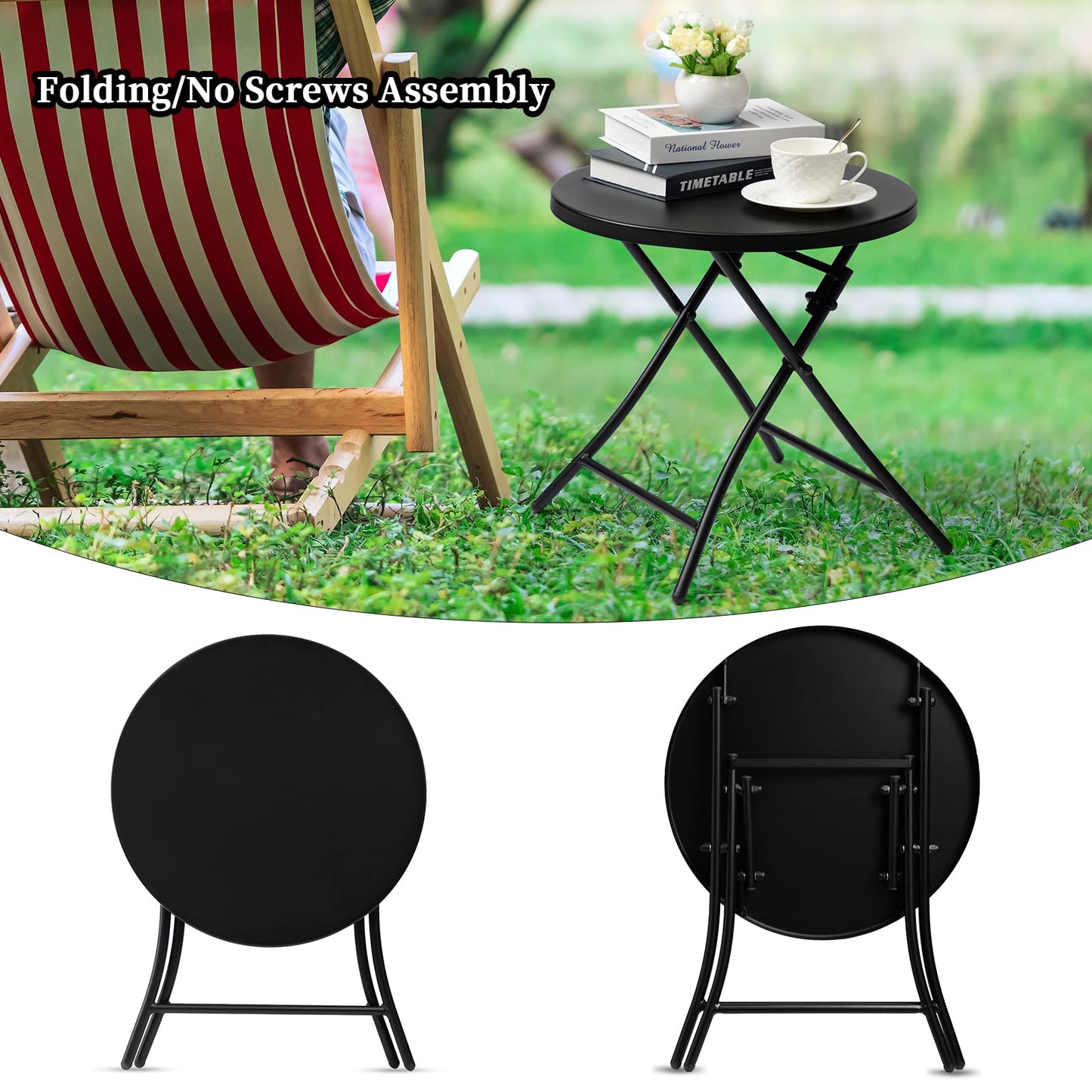 Outdoor Side Table, Folding Round Metal End Table, Weather Resistant Small Patio Accent Table for Porch Yard Balcony Deck (All Black)