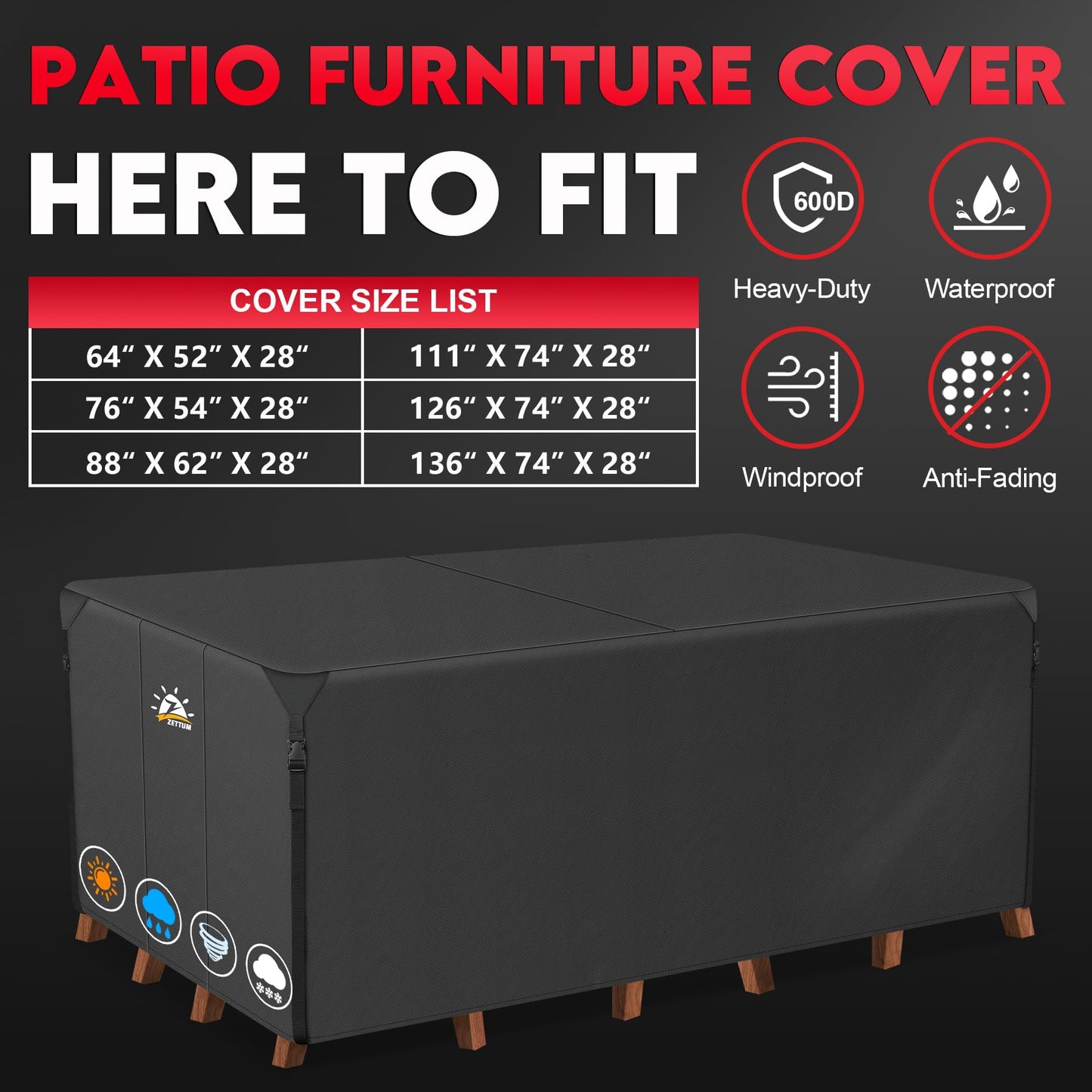 Zettum Patio Furniture Cover Rectangle - 600D Outdoor Table Cover Waterproof & Heavy Duty, Lawn Furniture Set Covers for Outside Rectangular Dining Table and Chairs Seating Combo - 96 x 72 x 38 Inch