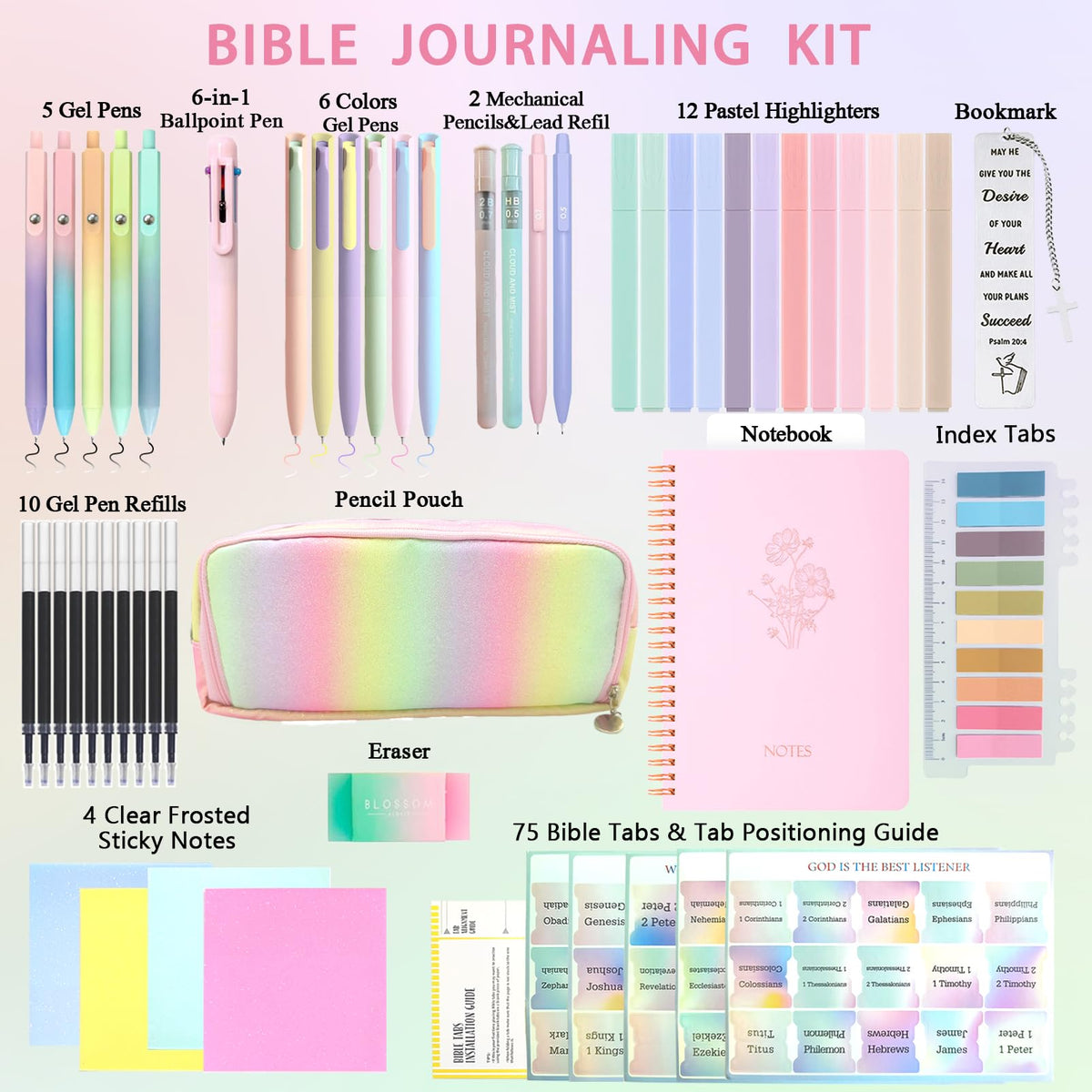 52Pcs Aesthetic Bible Study Supplies,Bible Journaling Kit Note Taking Sets for Women, with Large Rainbow Pencil Pouch, Journal Notebook,No Bleed Highlighters and Pens,Sticky Notes, (Multicolor)