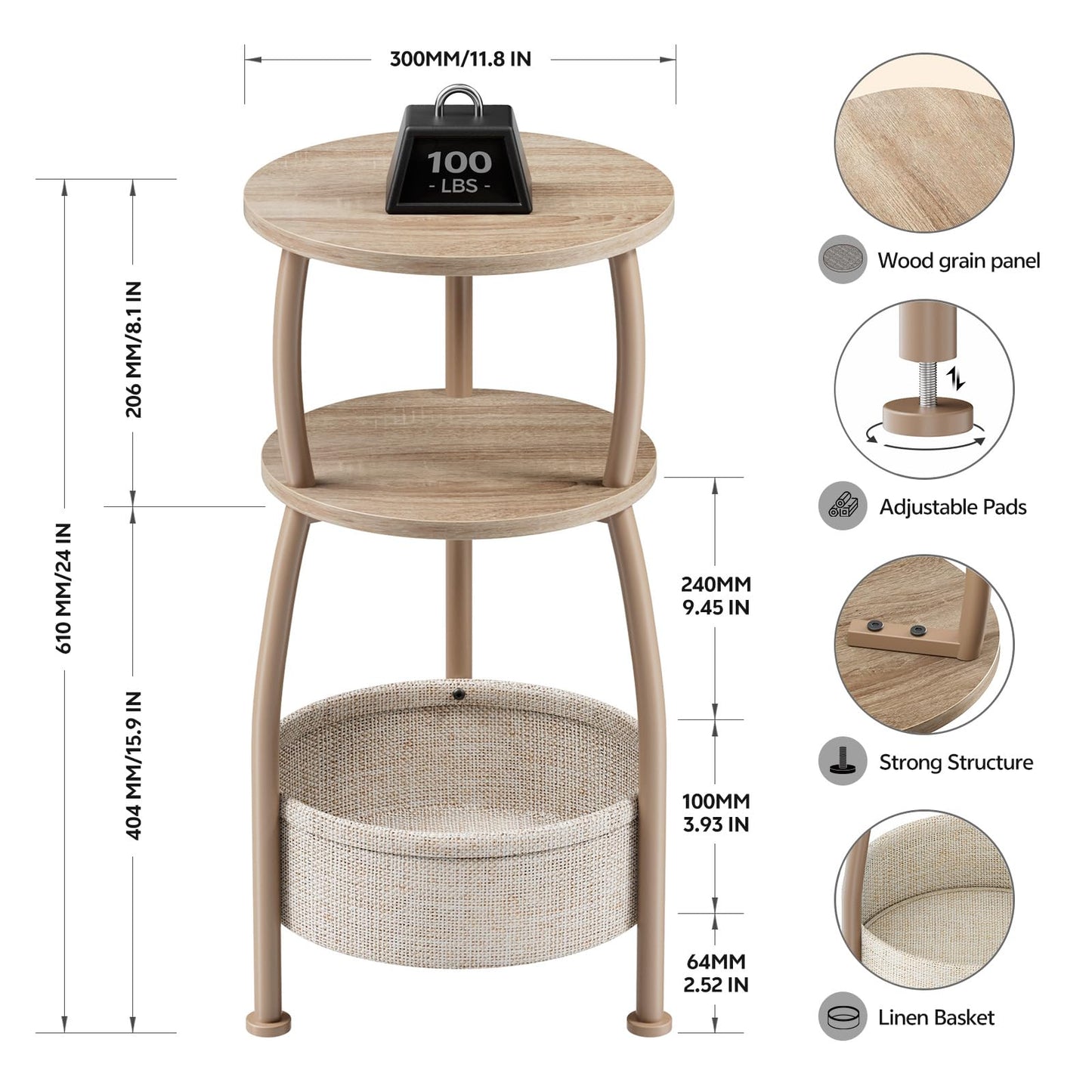 Yuede Small Side Table with Storage Basket, Space Saving Round End Table 3-Tier Bedside Corner Stand for Living Room, Bedroom, Garden and More 11.81in Light Oak