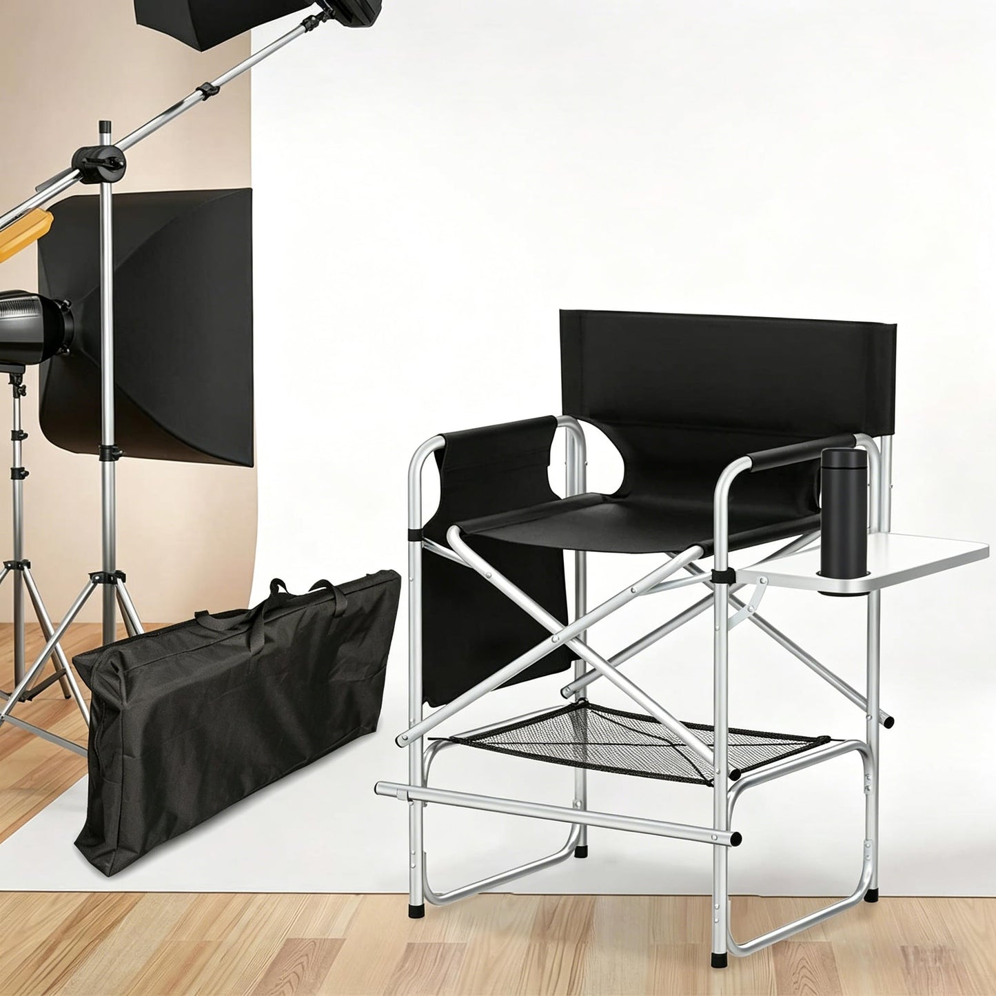 BRLJUNEO Tall Makeup Chair, Foldable Director Chairs, Portable Makeup Artist Chair w/Side Table Cup Holder Storage Bag and Footrest, 400LBS Load Capacity, Black, 41''
