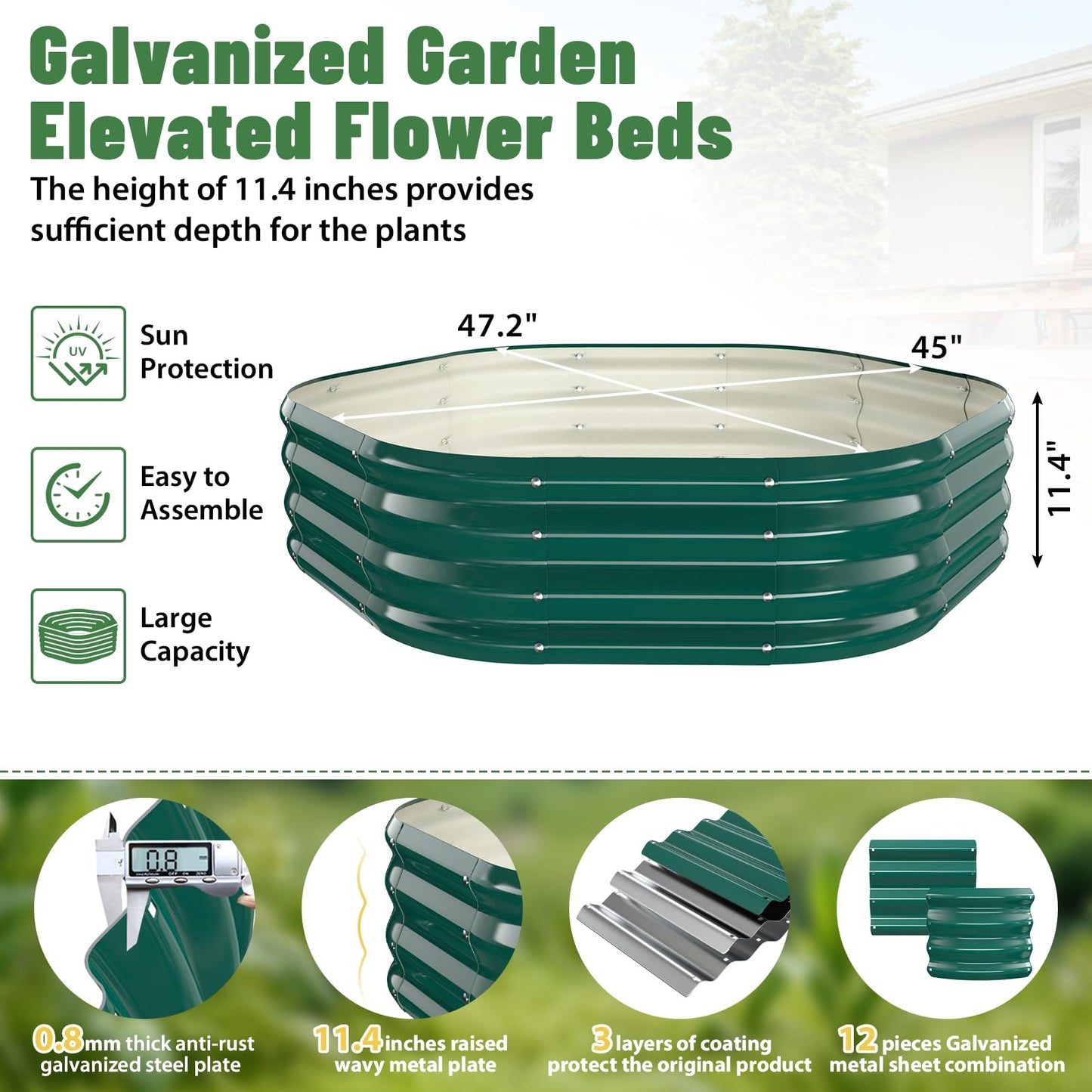 VAMFUTRE Hexagon Raised Garden Bed, 48 Inch Diagonal & 12 Inch Tall, Galvanized Steel Planter Box with Wave-Shaped Metal Panels for Outdoor Flower,Tree,Herb & Vegetable Garden (Dark Green, 4FT X 1FT)