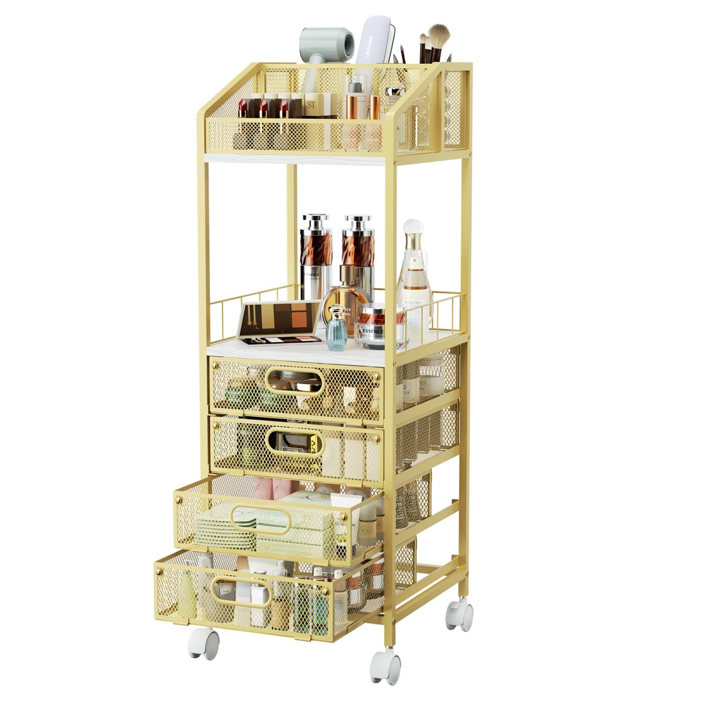 HapiRm Makeup Organizer Storage Cart - Floor Skincare Make Up Storage with 4 Drawers, Rolling Makeup Cart Vanity Organizer Cosmetics Display Cases Holder for Skin Care Perfume Nail Polish, Gold