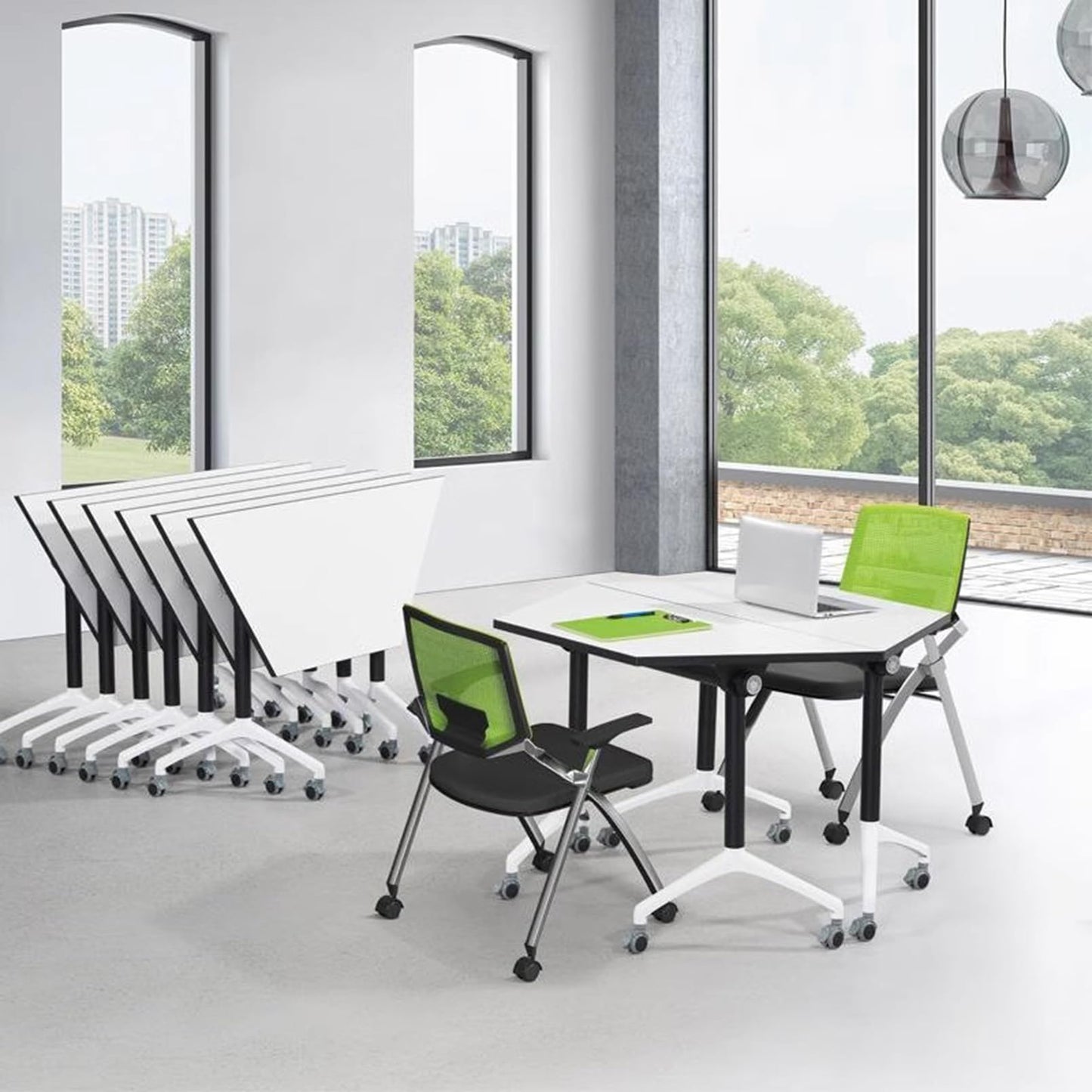 Conference Table, Meeting Table with Wheels, Trapezoidal Podcast Training Table, Polygonal Splicable Desk for Home Office, Studio, Business, Dining Room