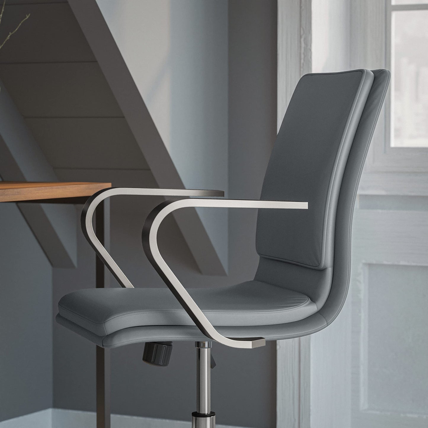 Flash Furniture James Mid-Back Designer Executive Office Chair - Gray LeatherSoft Upholstery - Brushed Chrome Base and Arms - Height Adjustable 360° Swivel Seat