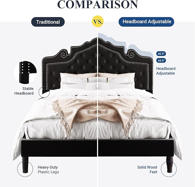 Allewie King Bed Frame with Adjustable Velvet Tiara Headboard, Upholstered