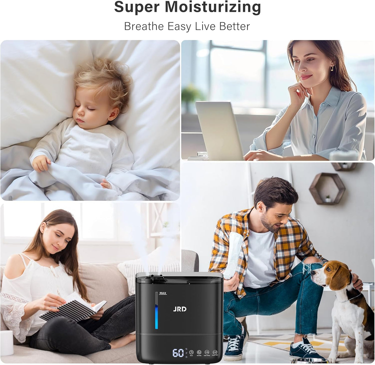 JRD Humidifiers for Bedroom, Ultrasonic Humidifier 4L for Large Room, Cool Mist Top-Fill, 40H Run, 12H Timer, 360° Nozzle, Aroma Diffuser, 7-Color Night Light for Home, Office, Baby, Pets, Plants