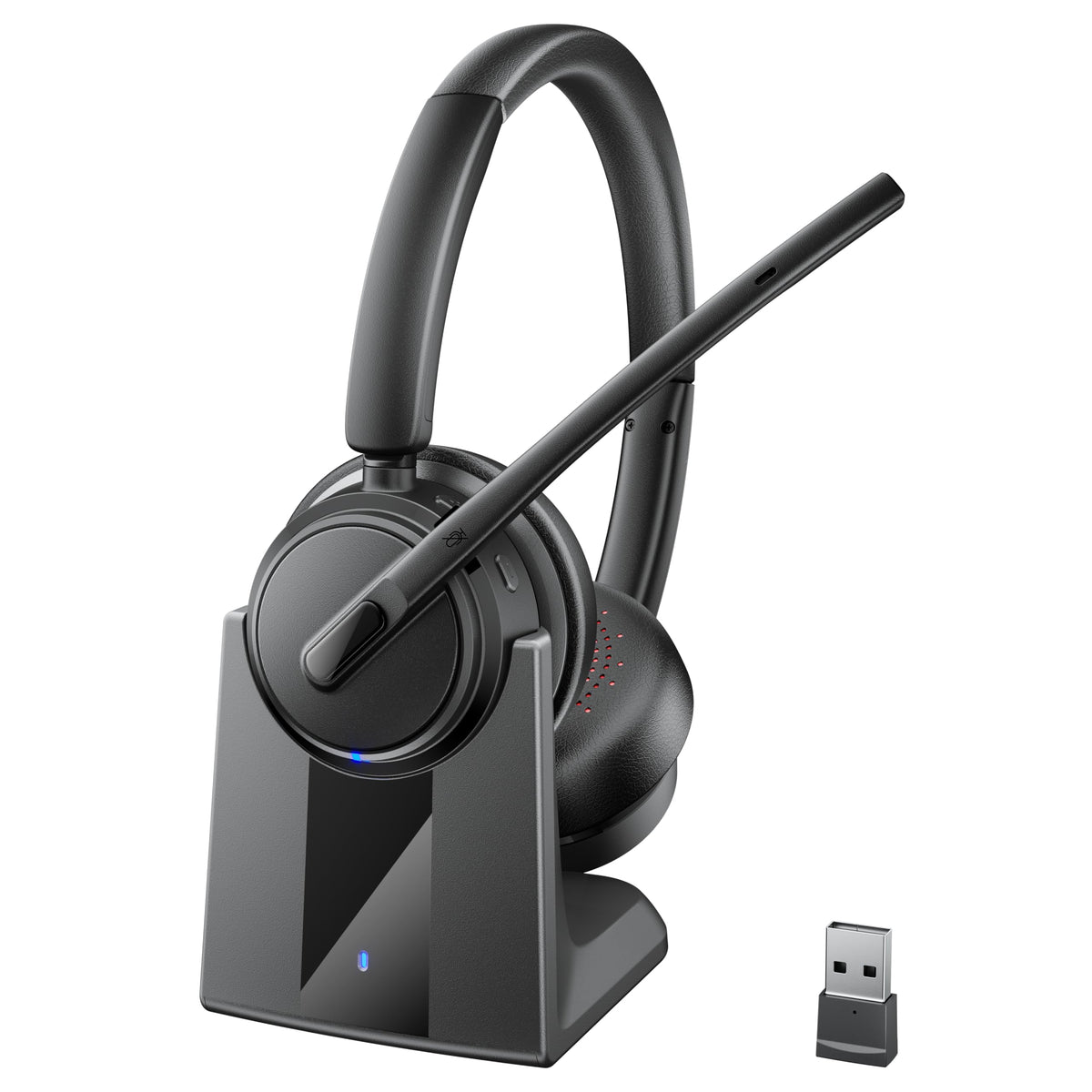 Mopchnic Wireless Headset with Noise Cancelling Microphone, On-Ear Bluetooth Headset with USB Dongle, Mute Function & Charging Base, Wireless Headphones for Work from Home and Call Center (Black)