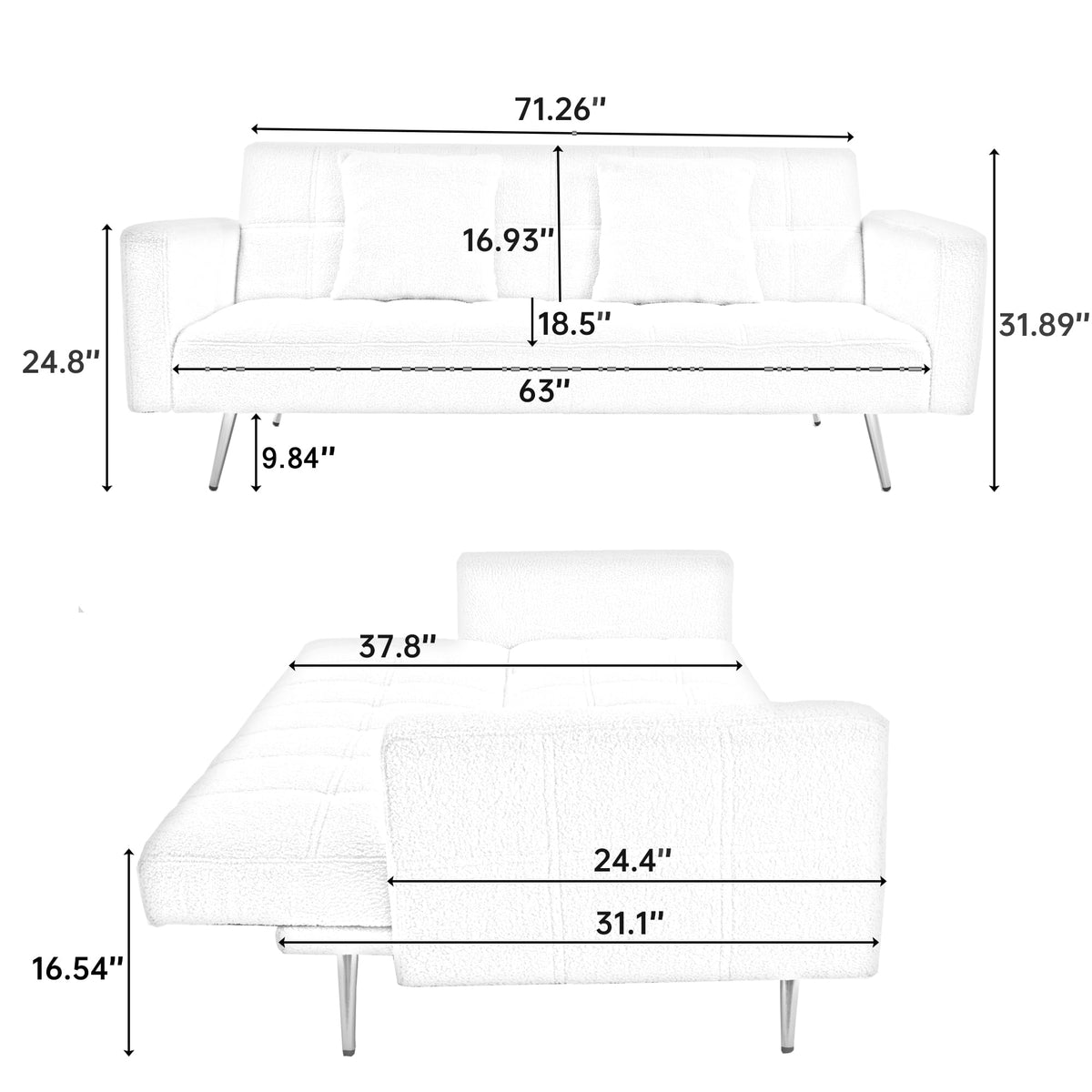 KEIKI 72" Folding Futon Sofa Couch w/Adjustable Backrest, Mid Century Modern Loveseat Convertible to Sleeper Bed, Small Comfy Teddy Cloud Couch SofaBed for Living Room & Bedroom, 2 Pillows, Gray