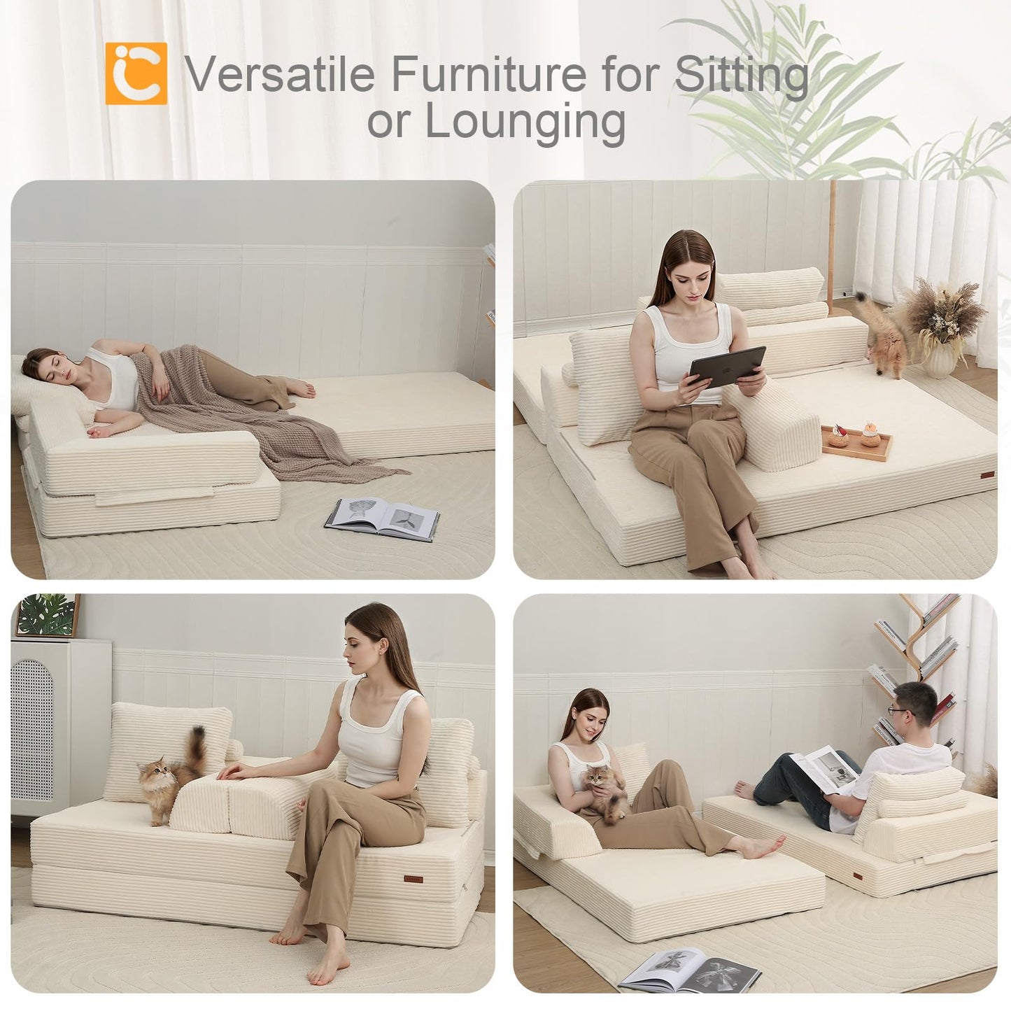 COMAX Futon Sofa Bed, Convertible Folding Sofa Bed, Boneless Couch Loveseat Corduroy with Pillows, Small Foldable Floor Couch Comfy Lounge Sleeper for Living Room Bedroom, Beige