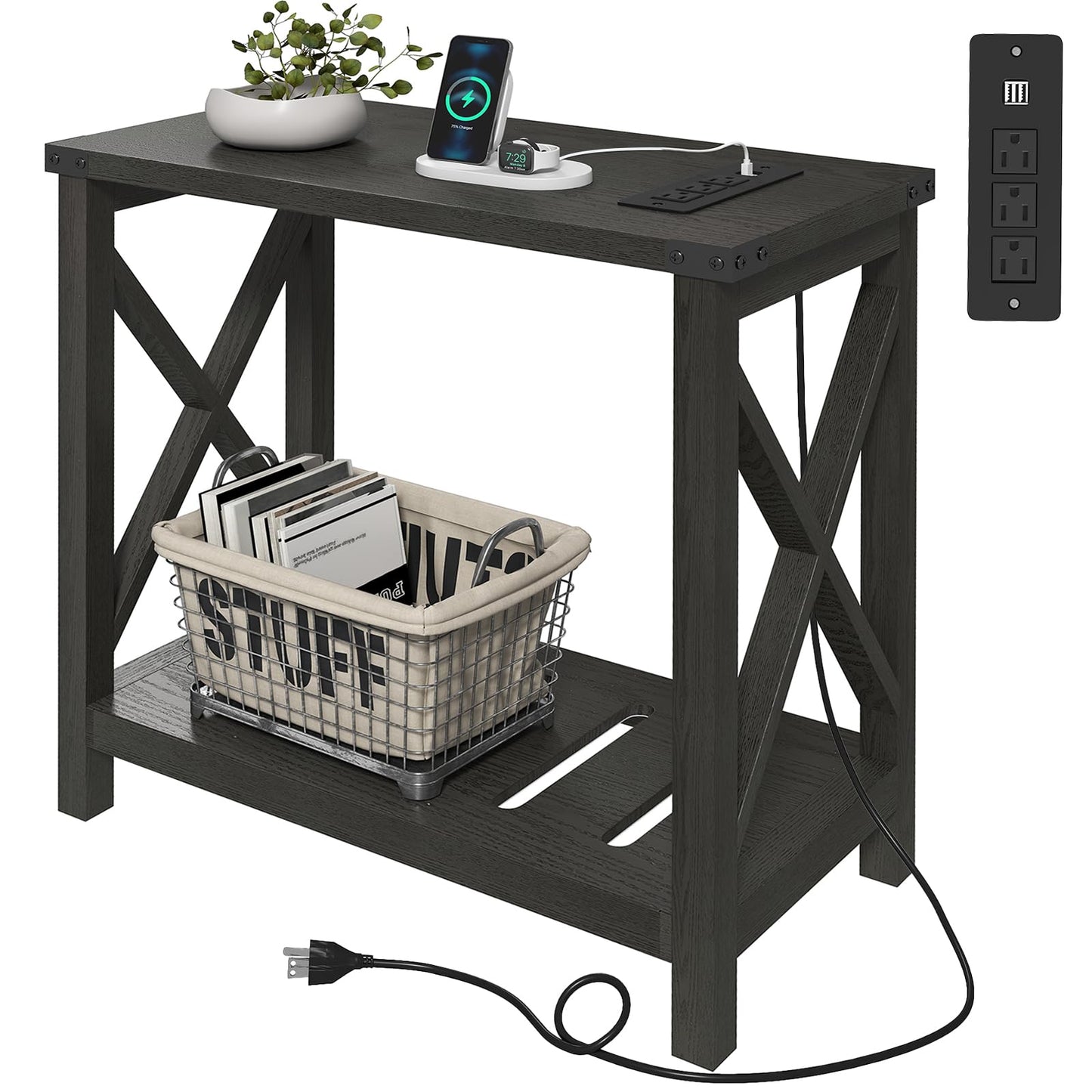 Hadulcet Farmhouse Side Table with Charging Station - Narrow Bedside Table for Small Space, Slim End Table, Rustic X-Design Nightstand for Living Room, Bedroom, Classic Black