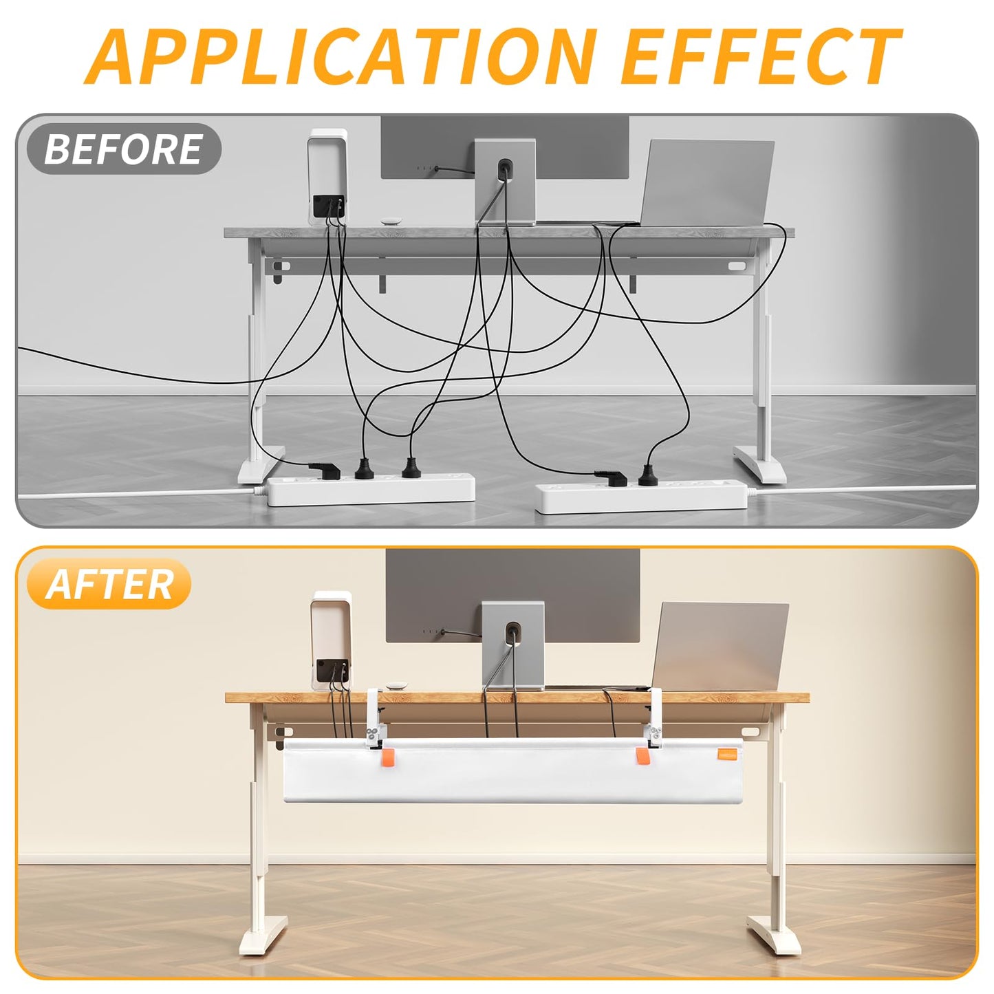 SUREUP9 Under Desk Cable Management Tray, 36" No Drill Cable Management Under Desk, Storage Table Under Desk Organizer with Clamp/Screws, Standing Cord Organizer Tray White Fabric for Home Office