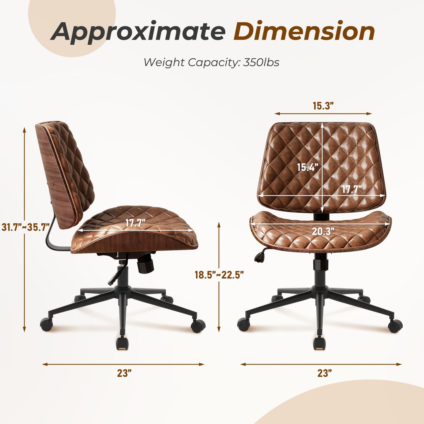 Furnimart Armless Small Desk Chair with Wheels, 360° Swivel Faux Leather Vanity Chair for Bedroom, Compact Home Office Task Chair for Small Spaces, Heavy-Duty Wood Frame(PU Brown)