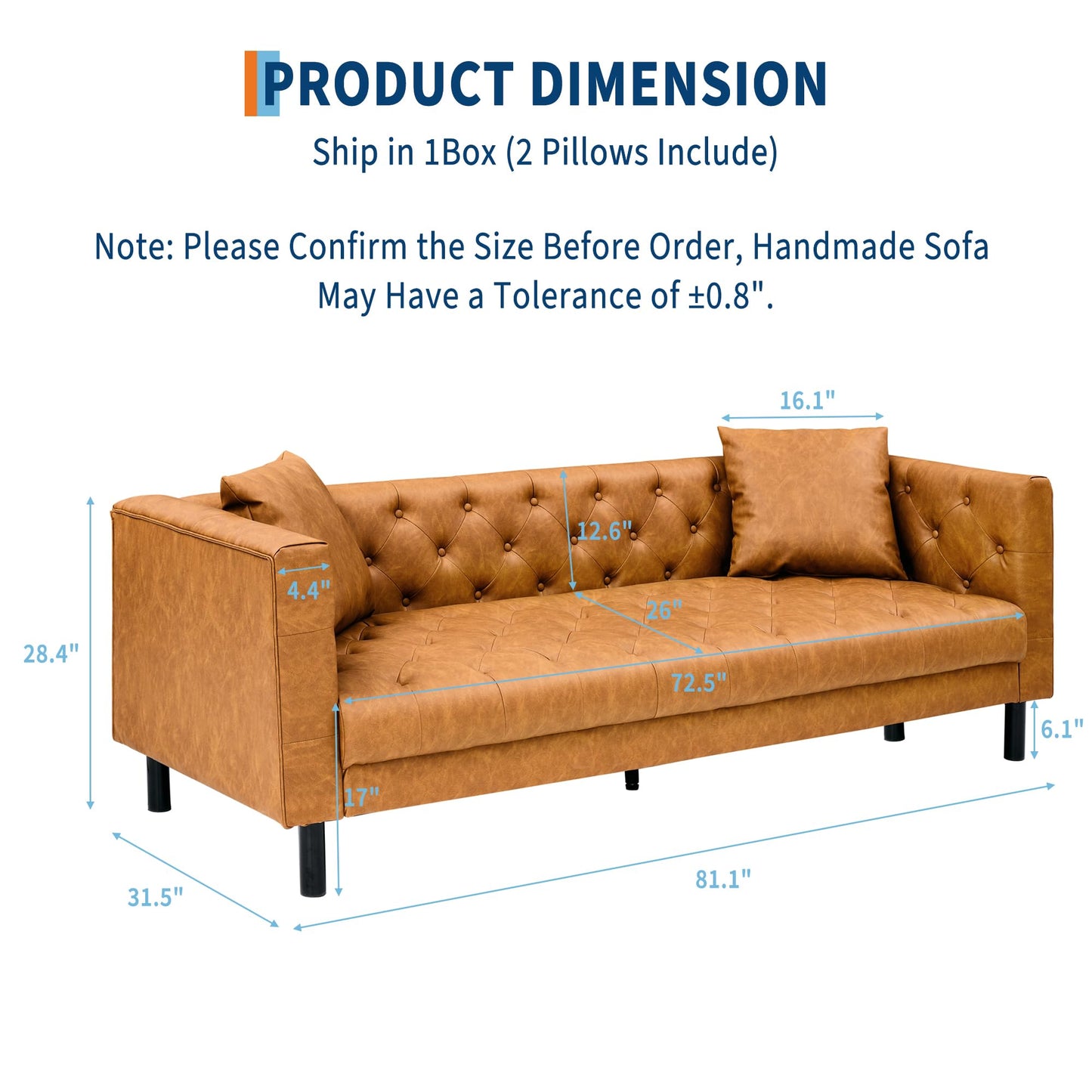 GarveeLife 81" Mid Century Modern Leather Sofa, 3 Seater Chesterfield Couch with Button Tufted Back & Deep Seat, Living Room Sofa for Apartment or Office, Orange