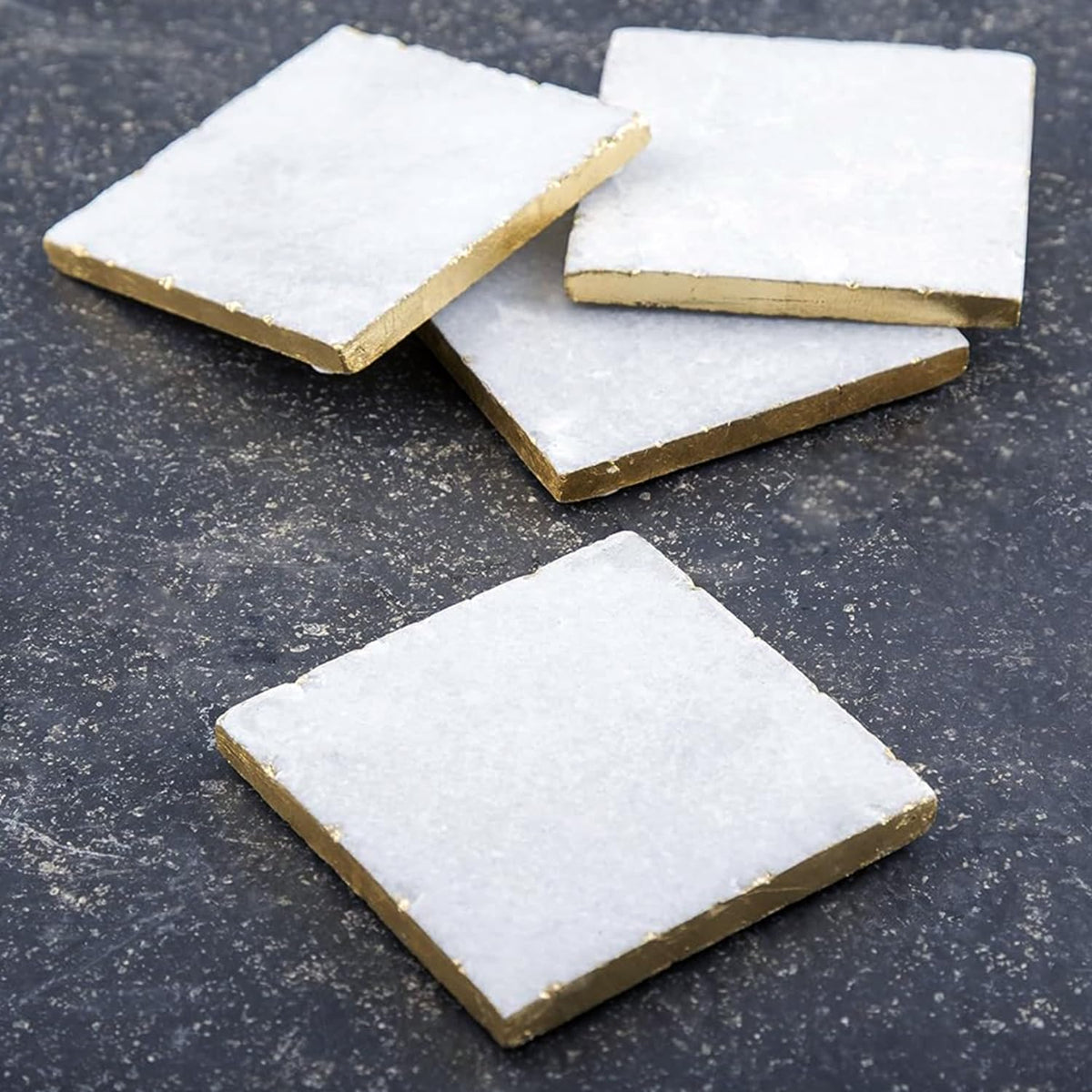 Thirstystone Square White Marble/Gold Edged Coasters (Set of 4), Multicolor
