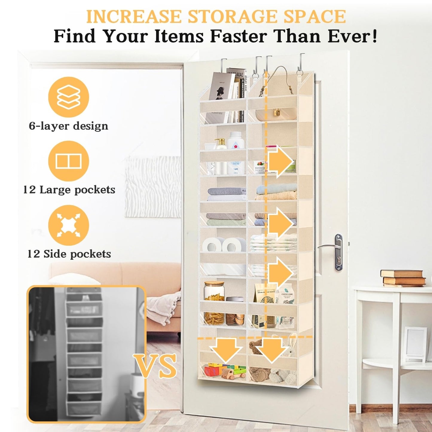Ofiray-home Over the Door Organizer 6 Tiers, Extra Large Behind Door Storage of 12 Compartments,80 lbs Weight Capacity Hanging Storage Organizer with Clear Window Kids Toys, Shoes, Diapers,Beige