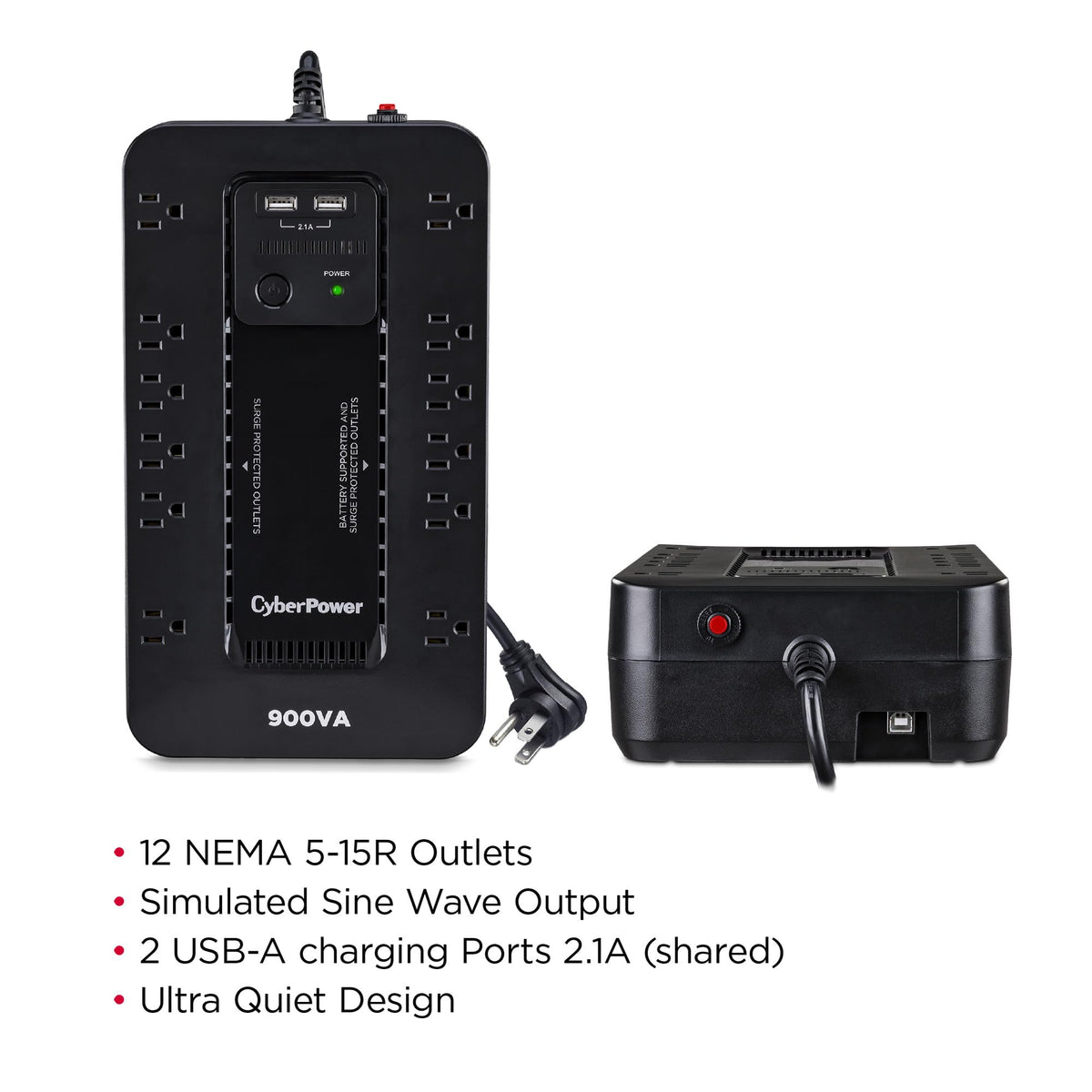 CyberPower ST900U Standby UPS System, 900VA/500W, 12 Outlets, 2 USB Charging Ports, Compact, Black