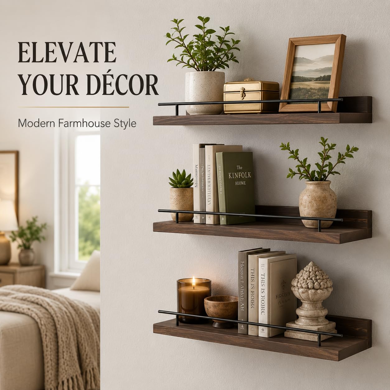 LRDZSWY 3-Tier Floating Shelves Wall Mounted, Rustic Wood Bathroom Shelves with Metal Guardrail, Heavy Duty Wall Storage Display Rack for Bedroom, Living Room, Kitchen and Office