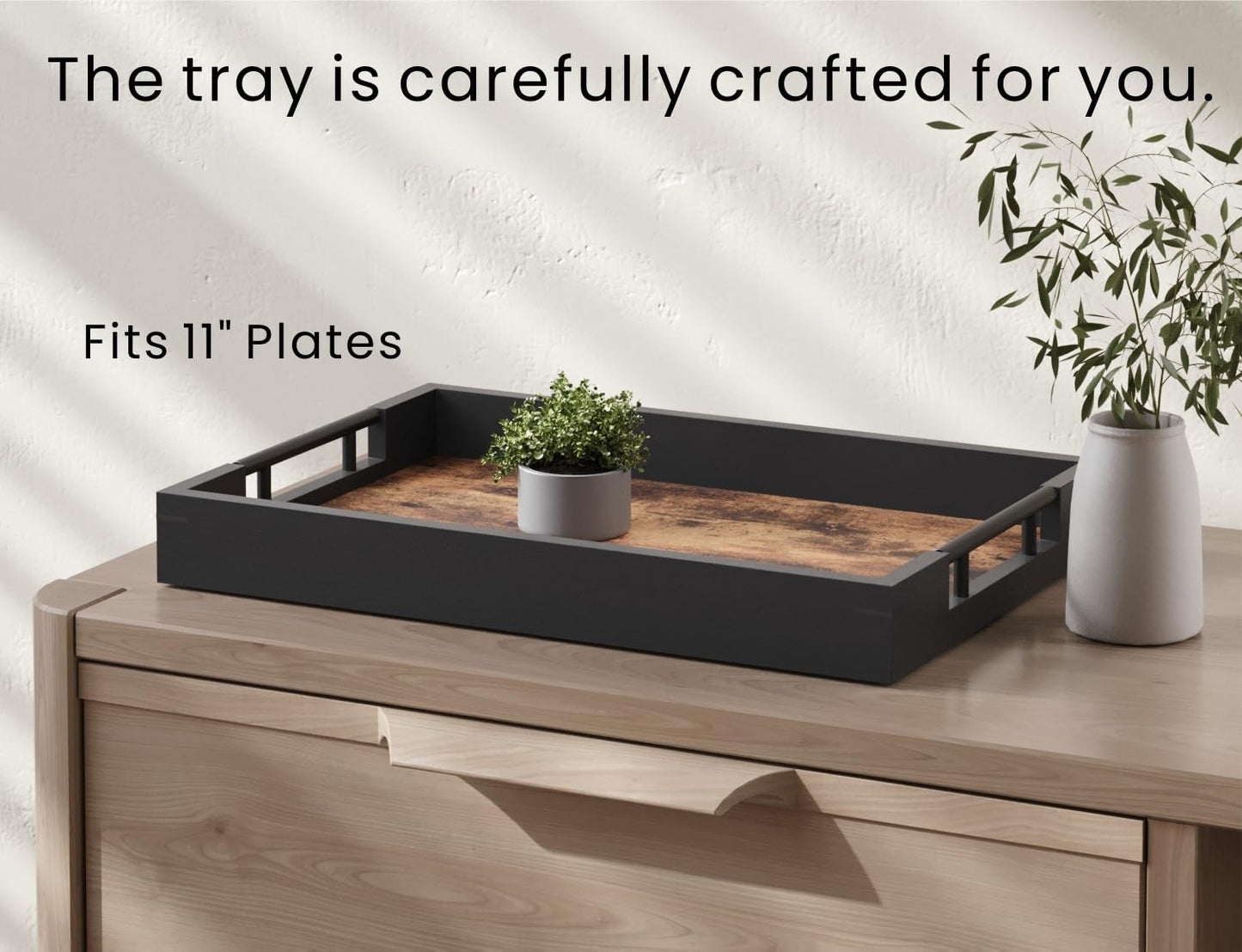 Fibogollo Wooden Serving Tray with Metal Handles,17x12in Ottoman Decorative Trays Platter for Coffee Table,Living Room,Bar,Party,Large