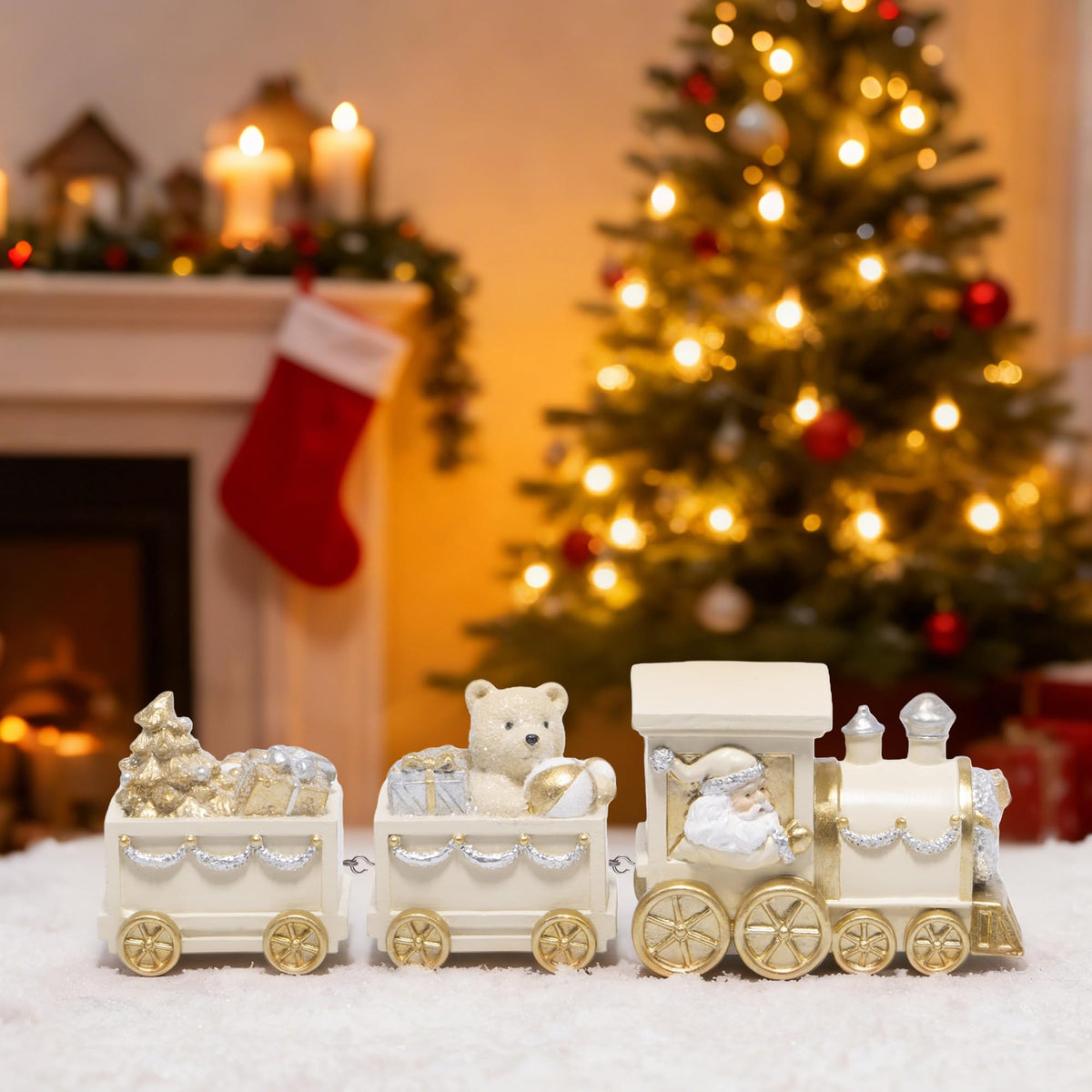 Hodao White Gold Christmas Train Decorations – Elegant Hand-Painted Resin Santa Claus and Teddy Bear Train, Luxury Ornament for Tabletop, Mantel, Home Christmas Decor Display
