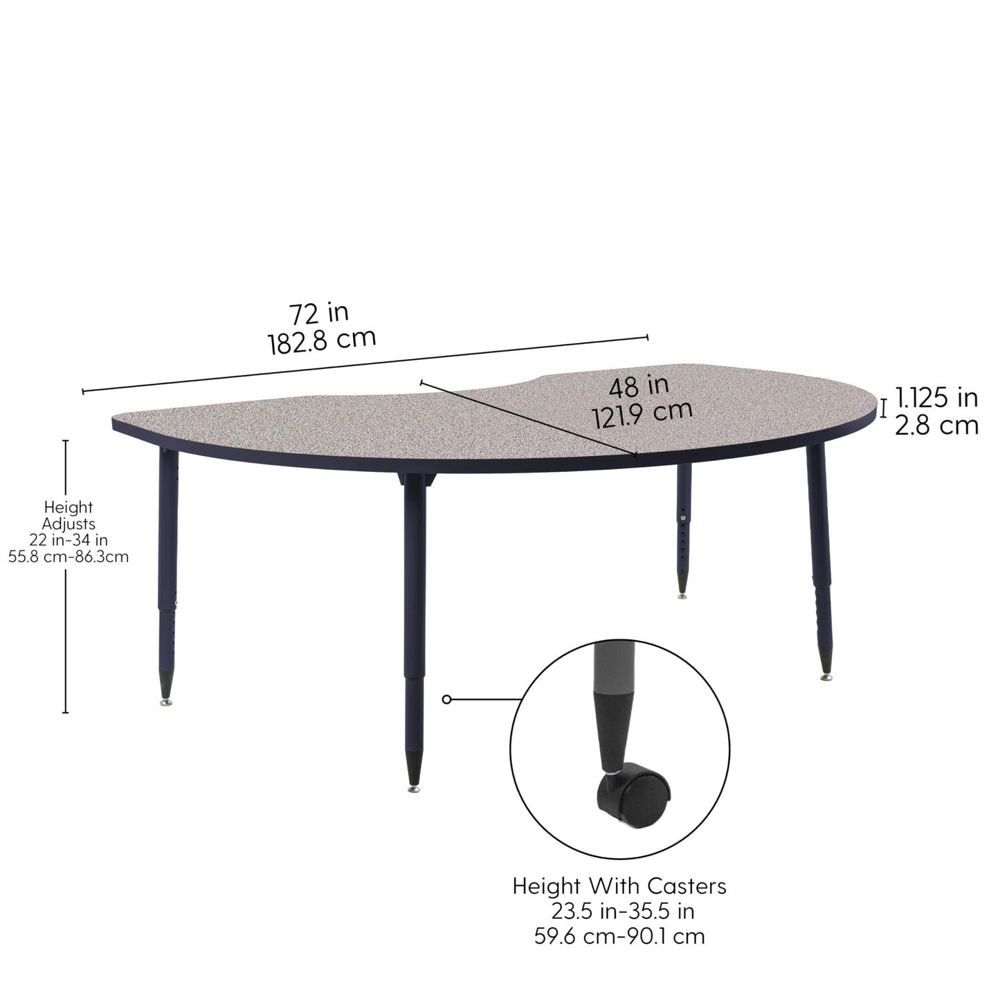 Adapte Commercial Classroom Activity Table - 48" x 72" Kidney, ADA Compliant Tapered Legs with Glides & Casters, Adjustable Height 22-34" Wheelchair Accessible, School & Office Furniture