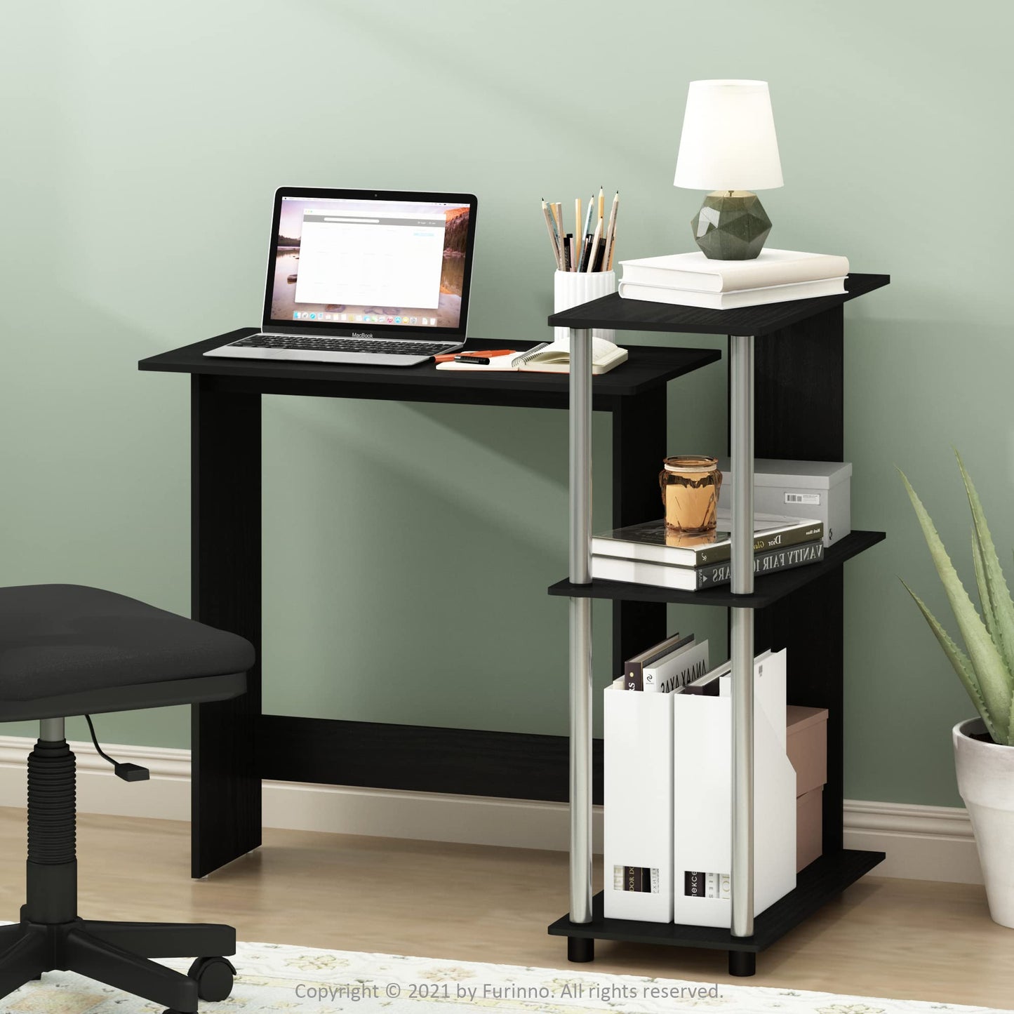 Furinno Abbott Corner Computer Desk with Bookshelf, Americano/Chrome