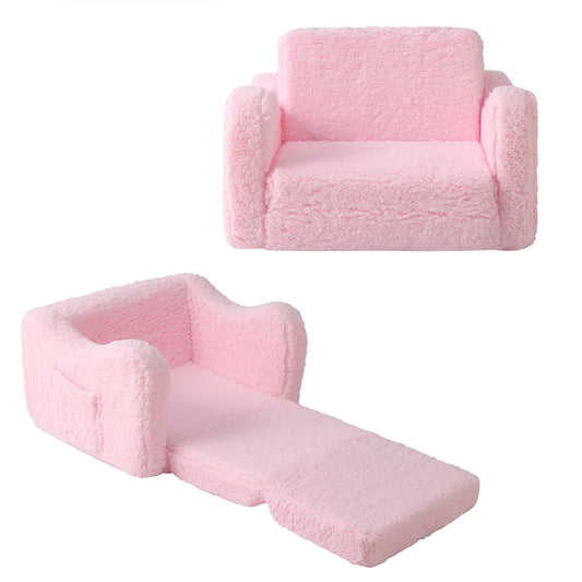 Toddler Couch 2-in-1 Flip Open Convertible Sherpa Kids Sofa Chair, Pink