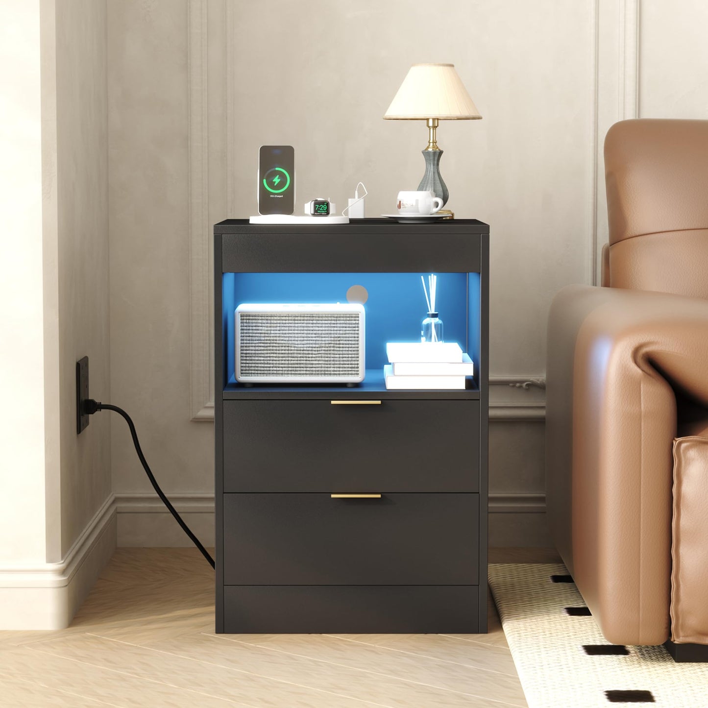 Yusong Night Stand, Black Nightstand, LED Nightstand with Charging Station, Modern Night Stand, Bedside Table, Wood Sofa Couch End Side Table with 2 Pull-Out Shelf
