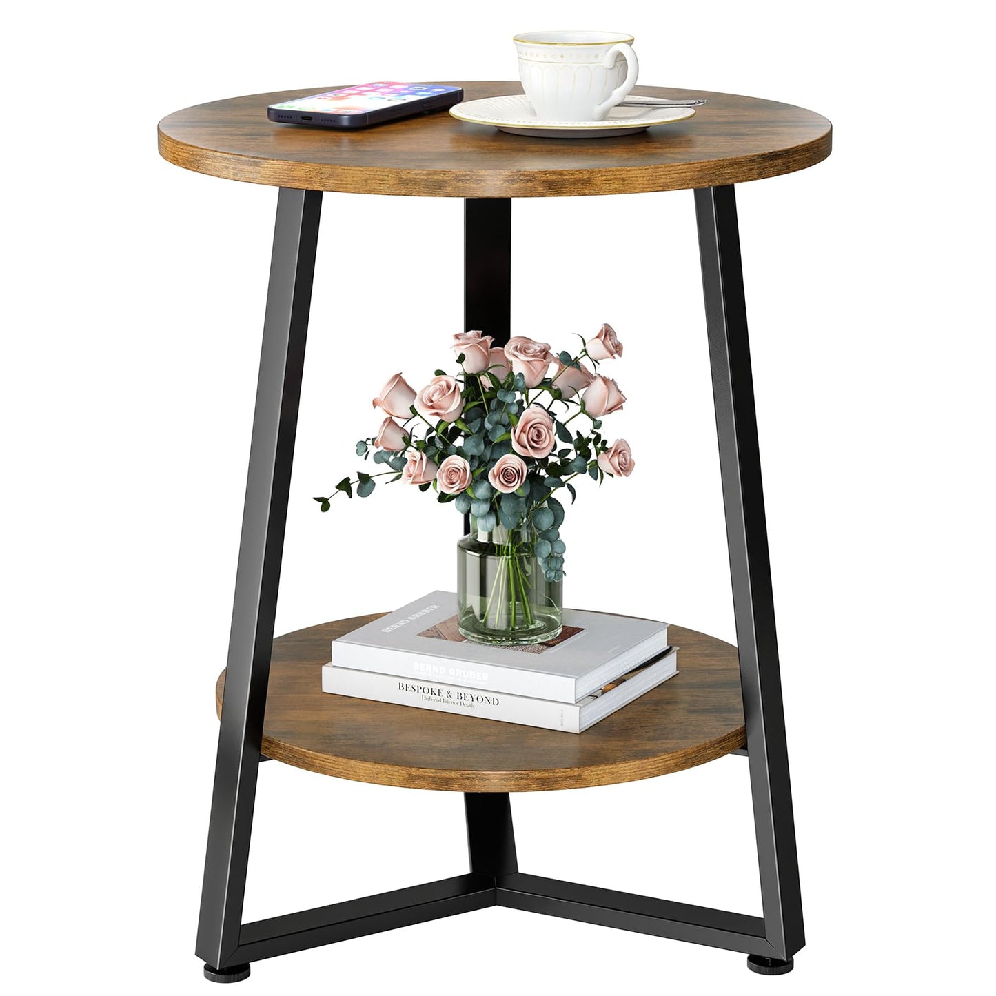 Round Side Table, 2-Tier Small End Table with Storage Shelf, Ultra Stable Coffee End Table/Nightstand, Modern Farmhouse Couch Table for Living Room, Bedroom, Bedside Stand or Small Spaces, Brown