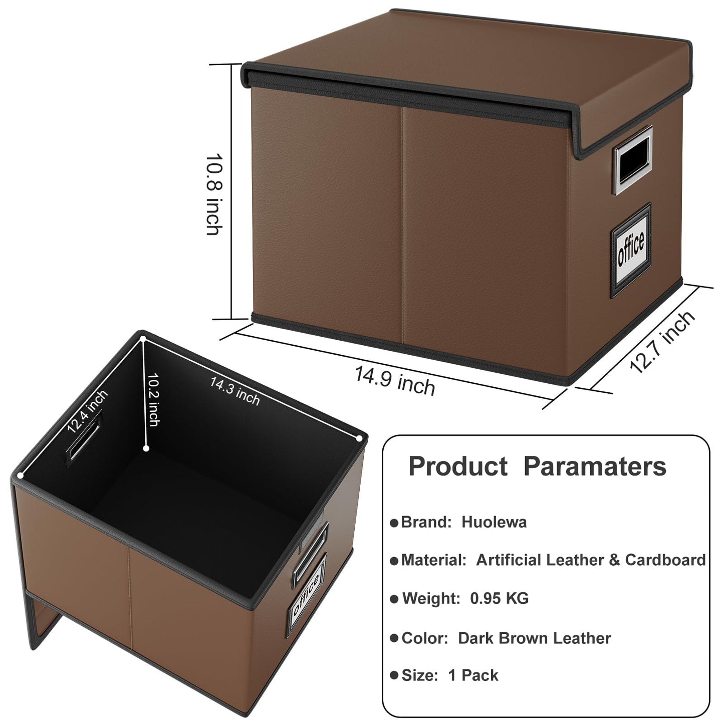 Huolewa Faux Leather File Organizer Box with Lid, Collapsible Hanging File Folder Box Organizer with Plastic Slides, Decorative Home/Office Filing Boxes for File and Folder Storage - Dark Brown